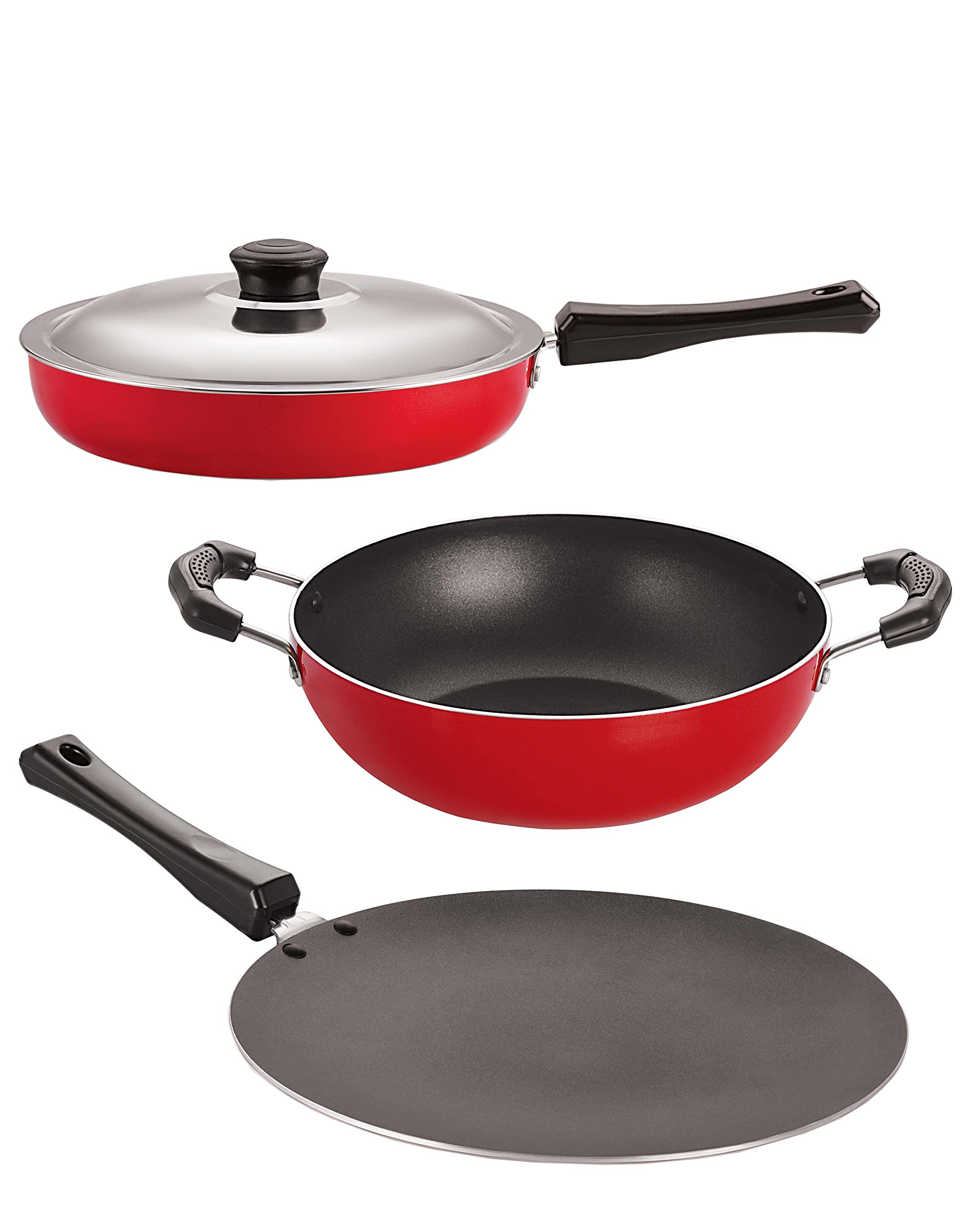 Brand New 3 Piece Nirlon NonStick Cookware Pots & Pan Kitchen Set (Concave Tawa 28.5 Cm, Fry Pan With Steel Lid 2 Ltr, Kadai 2.