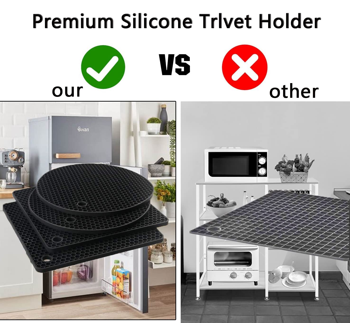 YQMYXG Silicone Trivet Pot Mat - Heat Resistant Gray Pot Holders, 4 Pack (2 Squared + 2 Round) for Kitchen Countertops and Tables
