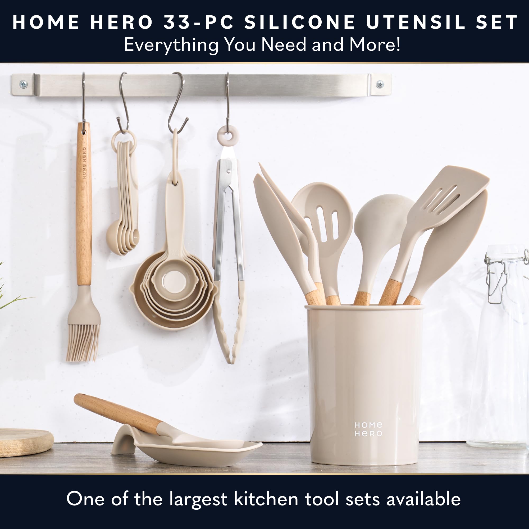 Home Hero 33 Pcs Kitchen Cooking Utensils Set, Non-Stick Silicone Cooking Kitchen Utensils Spatula Set With Holder, Wooden Handl