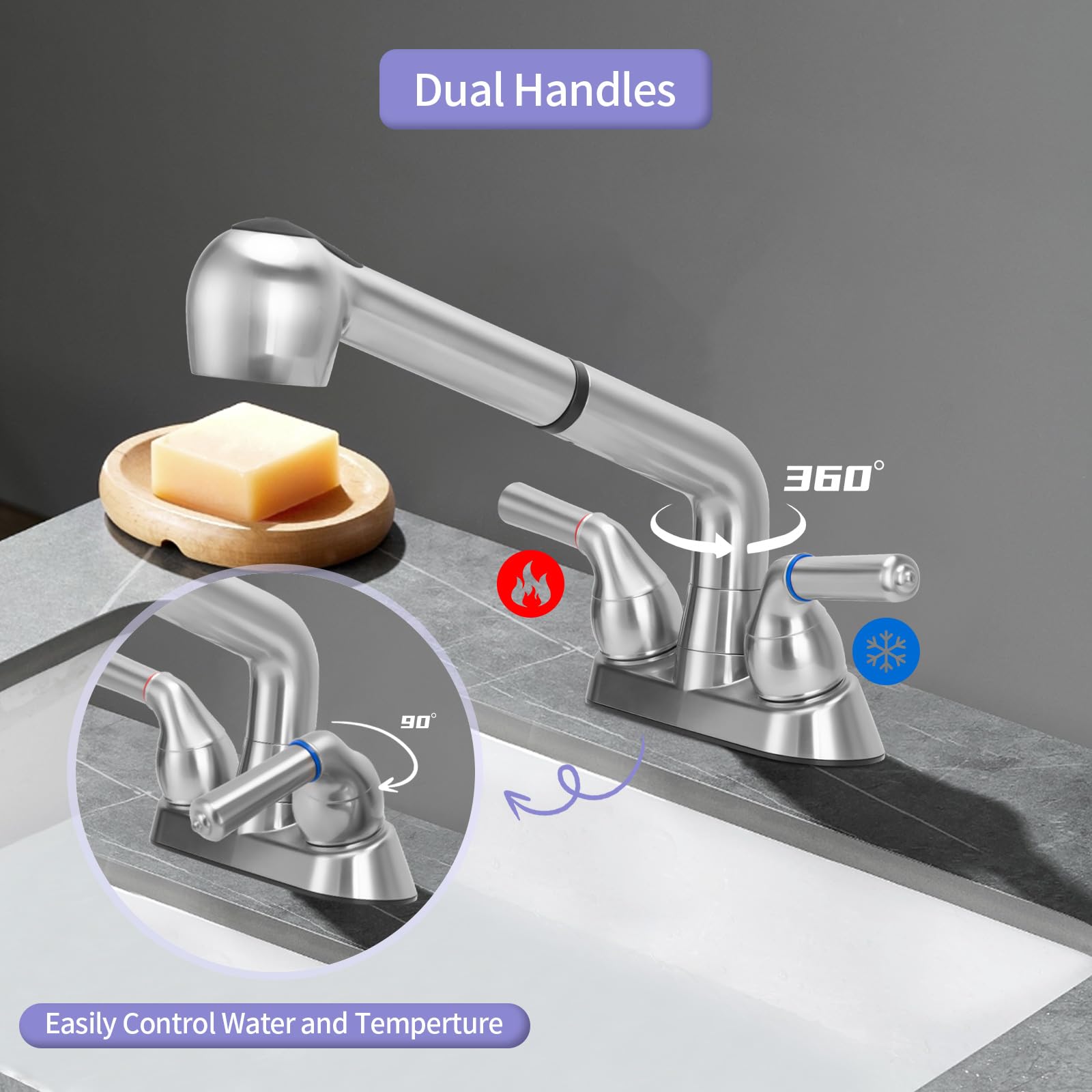 Utility Sink Faucet,Universal Laundry Tub Abs Plastic Faucet With Sprayer,Dual Handle Pull Out Faucet, Chrome Finish Laundry & U