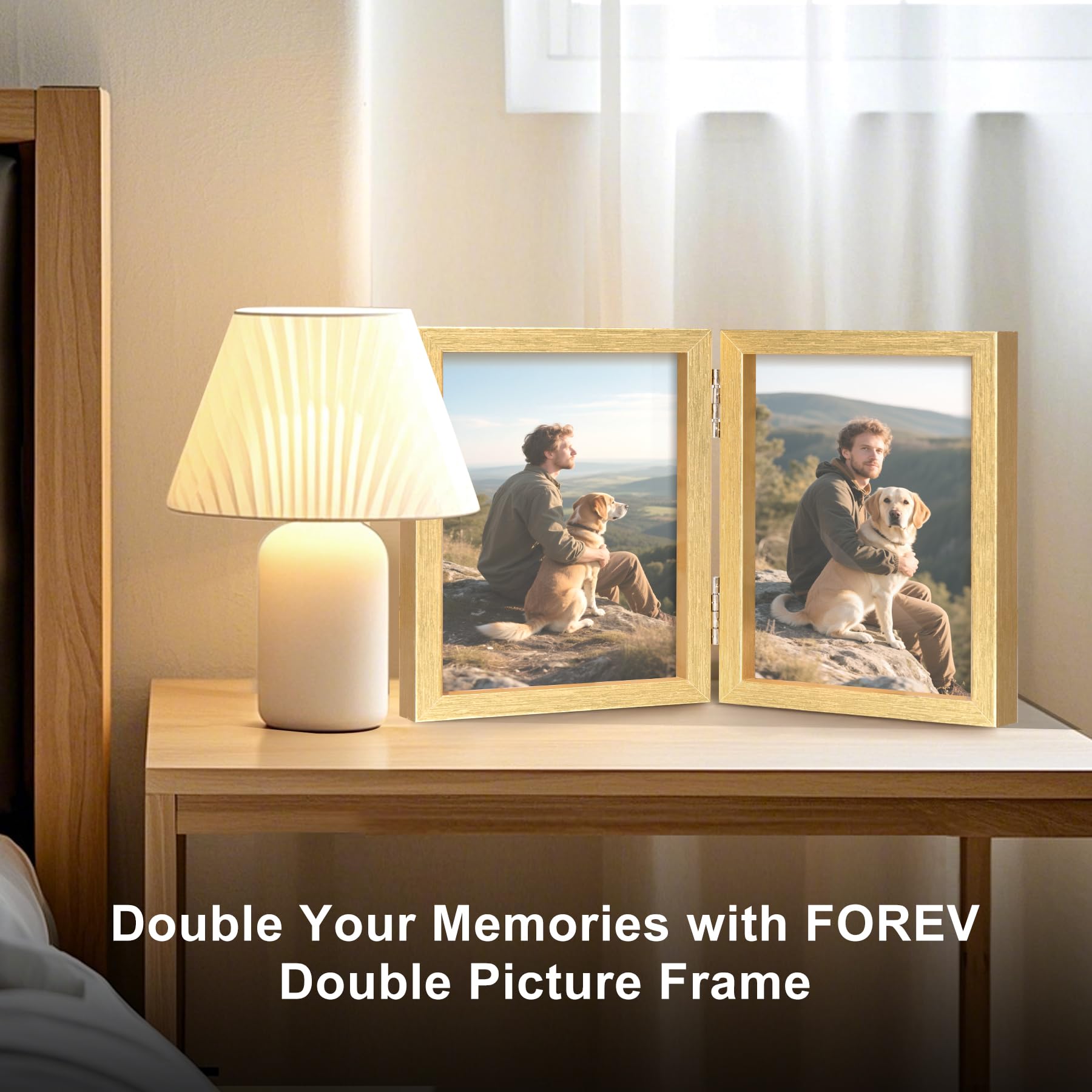 8x10 Double Picture Frame Wooden Hinged Photo Frame Definition Glass Stand Vertically on Desktop or Tabletop Gold