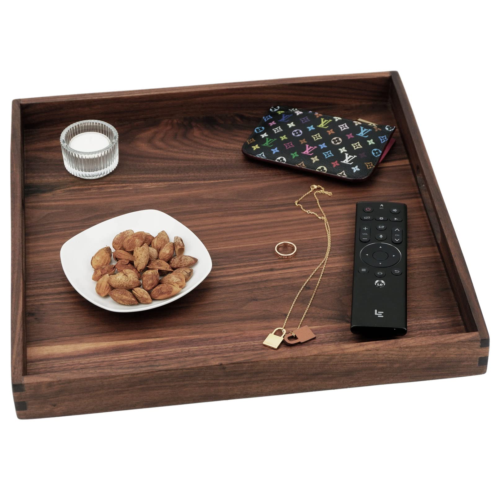 Magigo 15 X 15 Inches Medium Square Black Walnut Wood Ottoman Tray With Handles, Serve Tea, Coffee Classic Wooden Decorative Ser