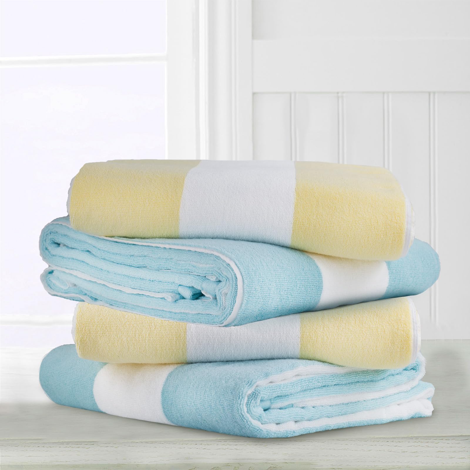 Clowood Plush Oversized Beach Towel - Cotton 40 X 72 Inch Large Thick Yellow Striped Cabana Pool Swimming Towel
