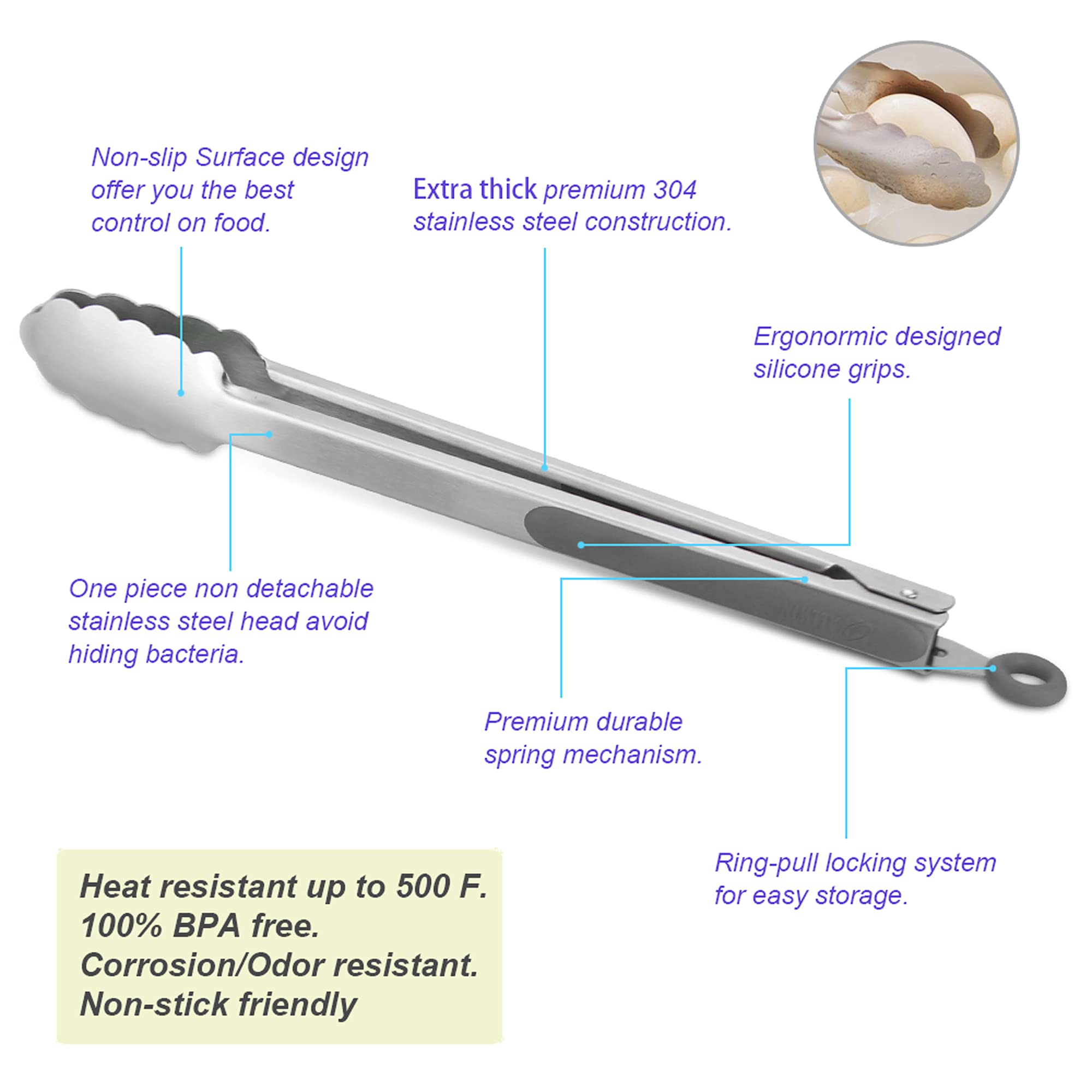 304 Stainless Steel Kitchen Cooking Tongs, 14'' And 16'' Set Of 2 Sturdy Grilling Barbeque Brushed Locking Food Tongs With Ergon