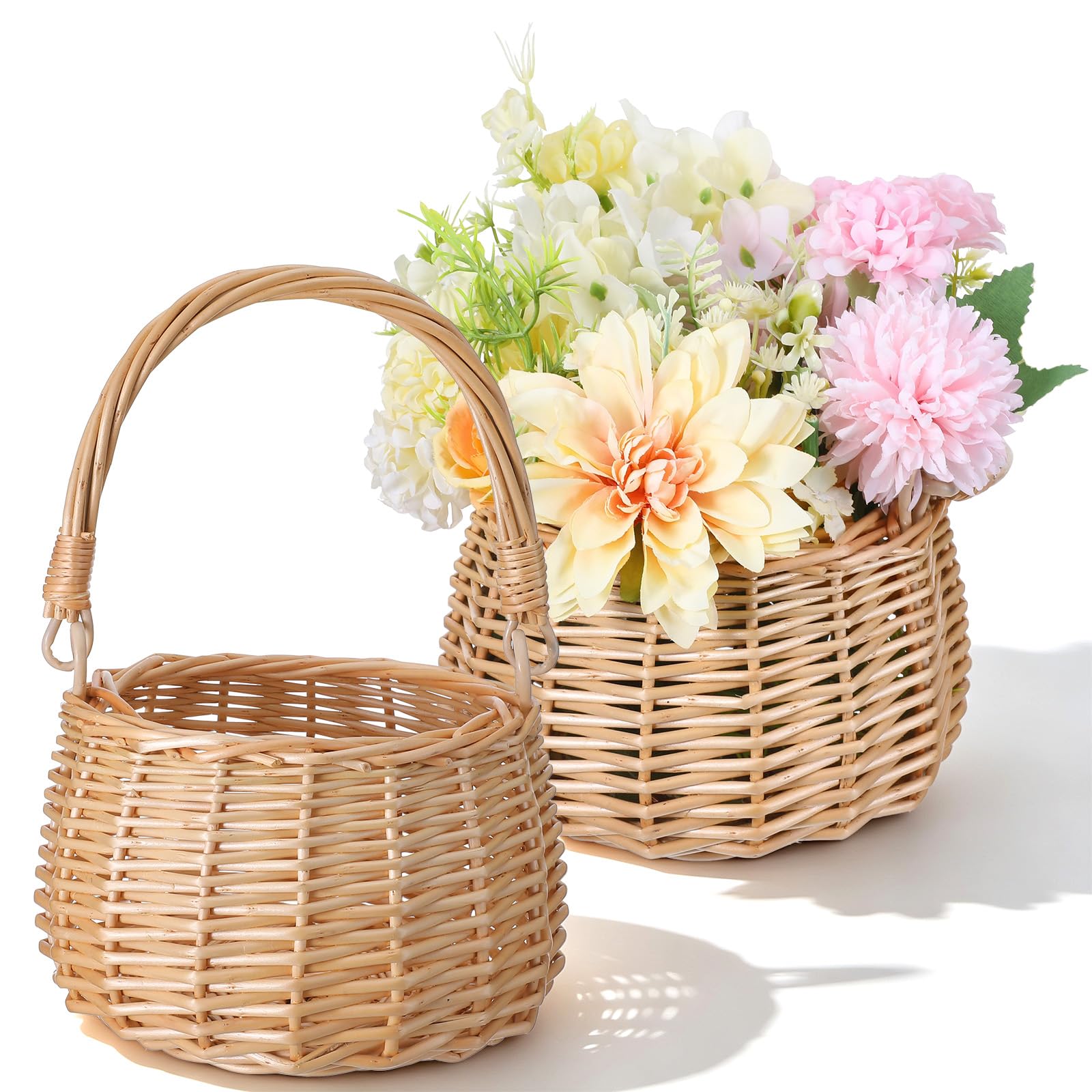 2pcs Wicker Rattan Small Flower Girl Basket with Handle,Rustic for Wedding