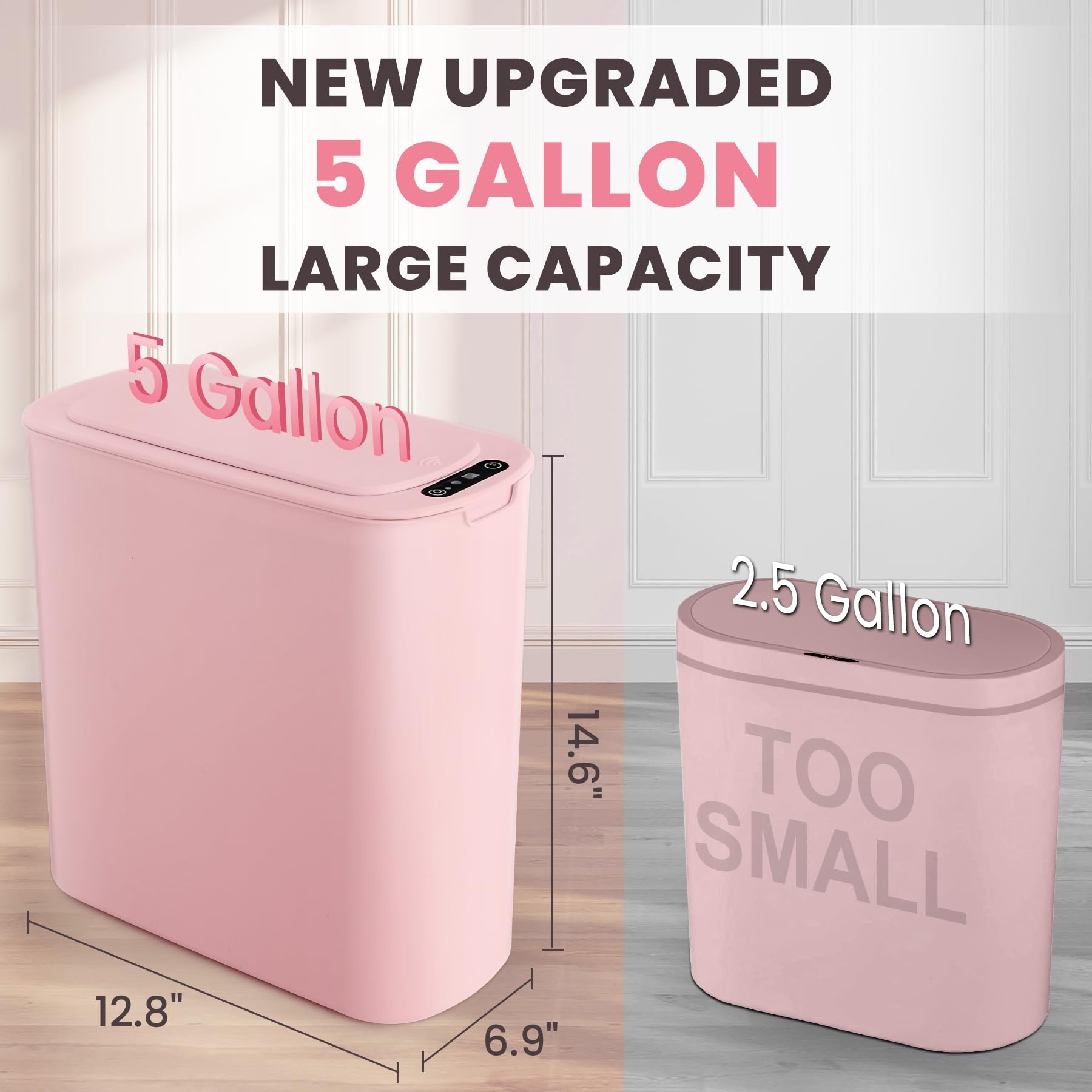 Cesun 5 Gallon Pink Automatic Bathroom Trash Can, Touchless Motion Sensor Garbage Can With Lid, Plastic Slim Cute Wastebasket Fo