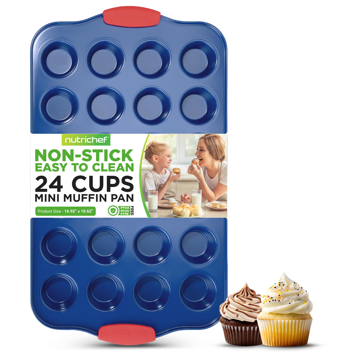 Nutrichef 17    Nonstick Mini Muffin Pan - Premium Carbon Steel 24 Cup Baking Tray W/ Red Silicone Handles, Easy To Clean Mini C