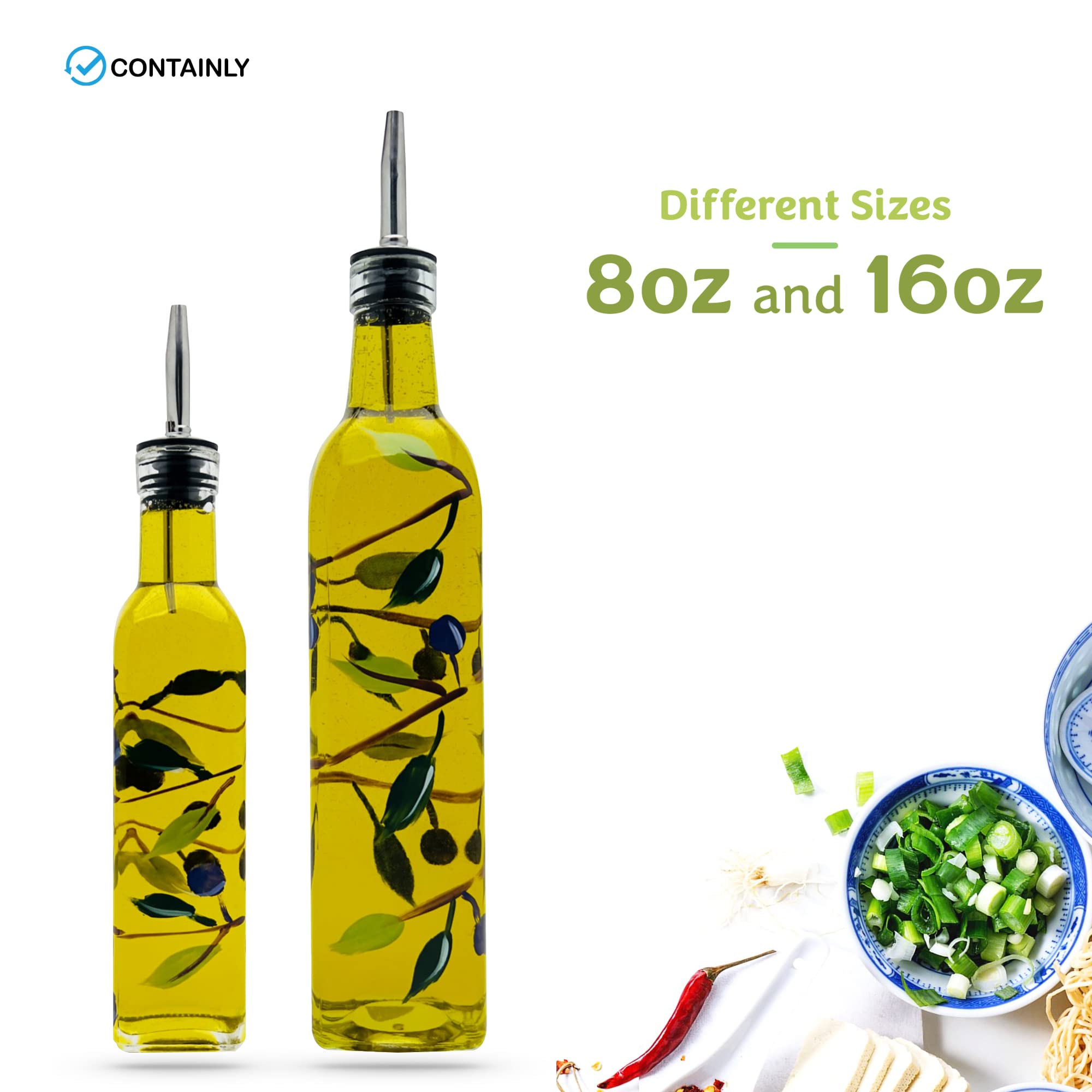 Containly Glass Olive Branch Oil/Vinegar Glass Cruet For Kitchen, 8 Oz Olive Oil Dispenser With Stainless Steel Spout For Easy P