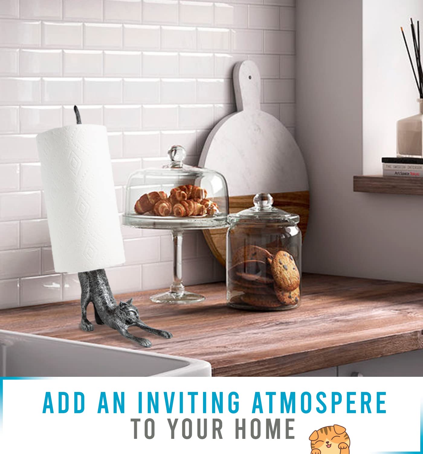 Yoga Cat Decorative Paper Towel Holder or Toilet Paper Holder by Comfify - Adorable Downward Dog Pose Kitty- Cast Iron Paper Towel Stand - Antiqued Cast Iron White Color - 19'' - Silver with Black