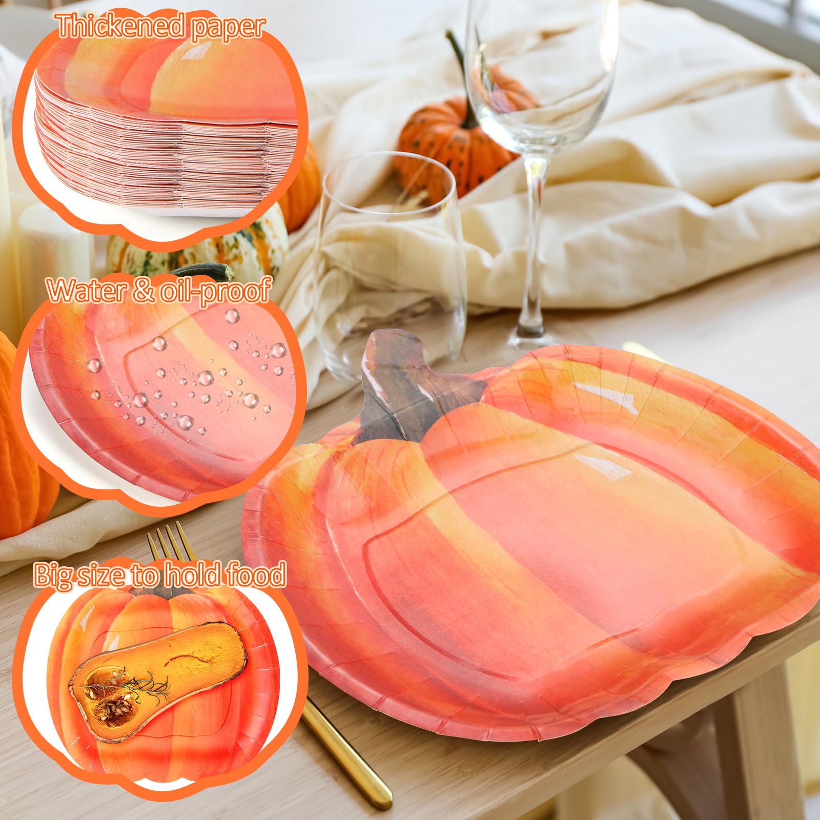 Piklodo 60 Pcs Fall Thanksgiving Paper Plates Autumn Disposable Dessert Party Plates 9 Inch Maple Leaf Pumpkin Plate Orange Pape