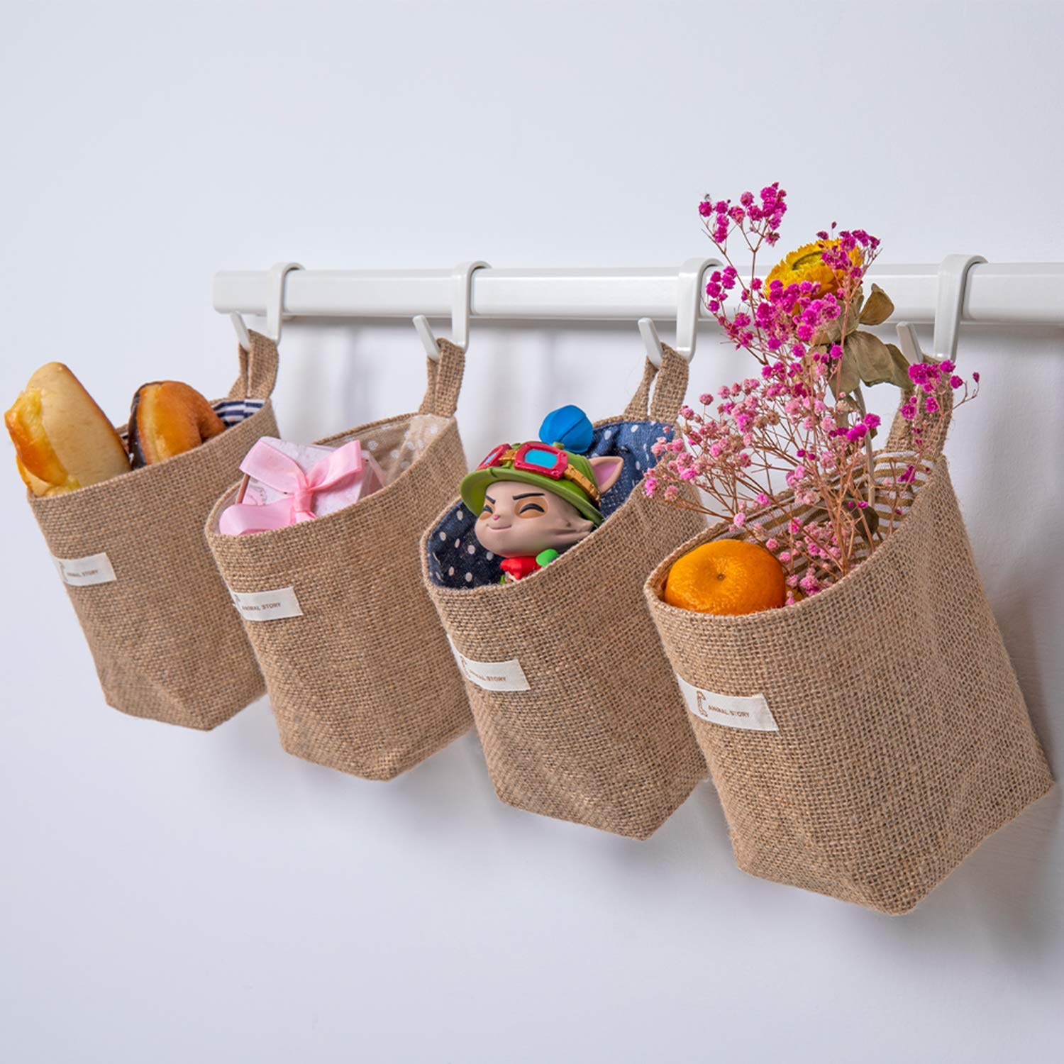 Sansheng 4 Pack Wall Hanging Storage Bags Hanging Storage Bags Cotton Linen Storage Basket Foldable Wall Hanging Basket Family O