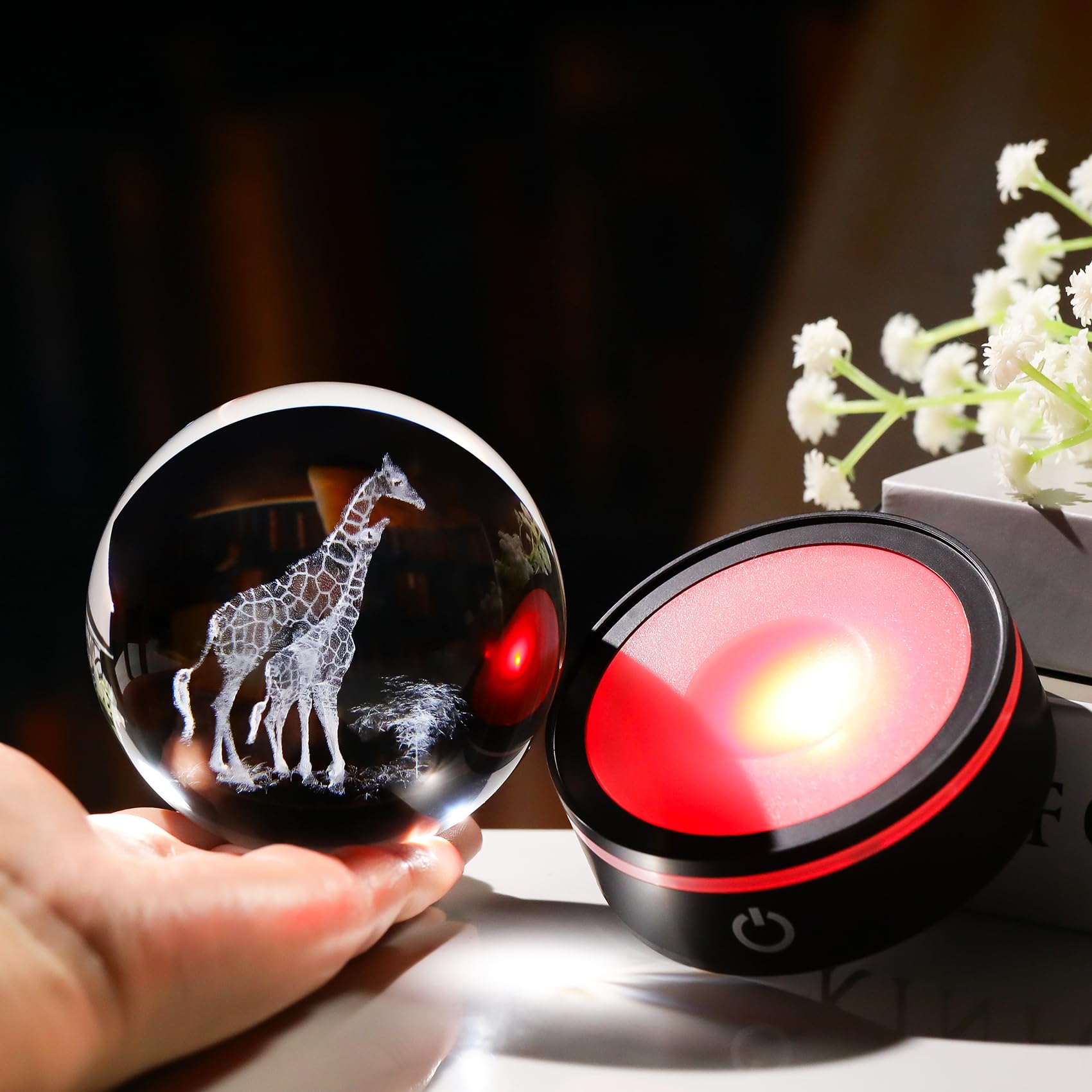 YWHL 3D Giraffe Crystal Ball Figurine with Colorful Light Base, Giraffes Gifts for Women Men on Birthday Christmas, Laser Engrav