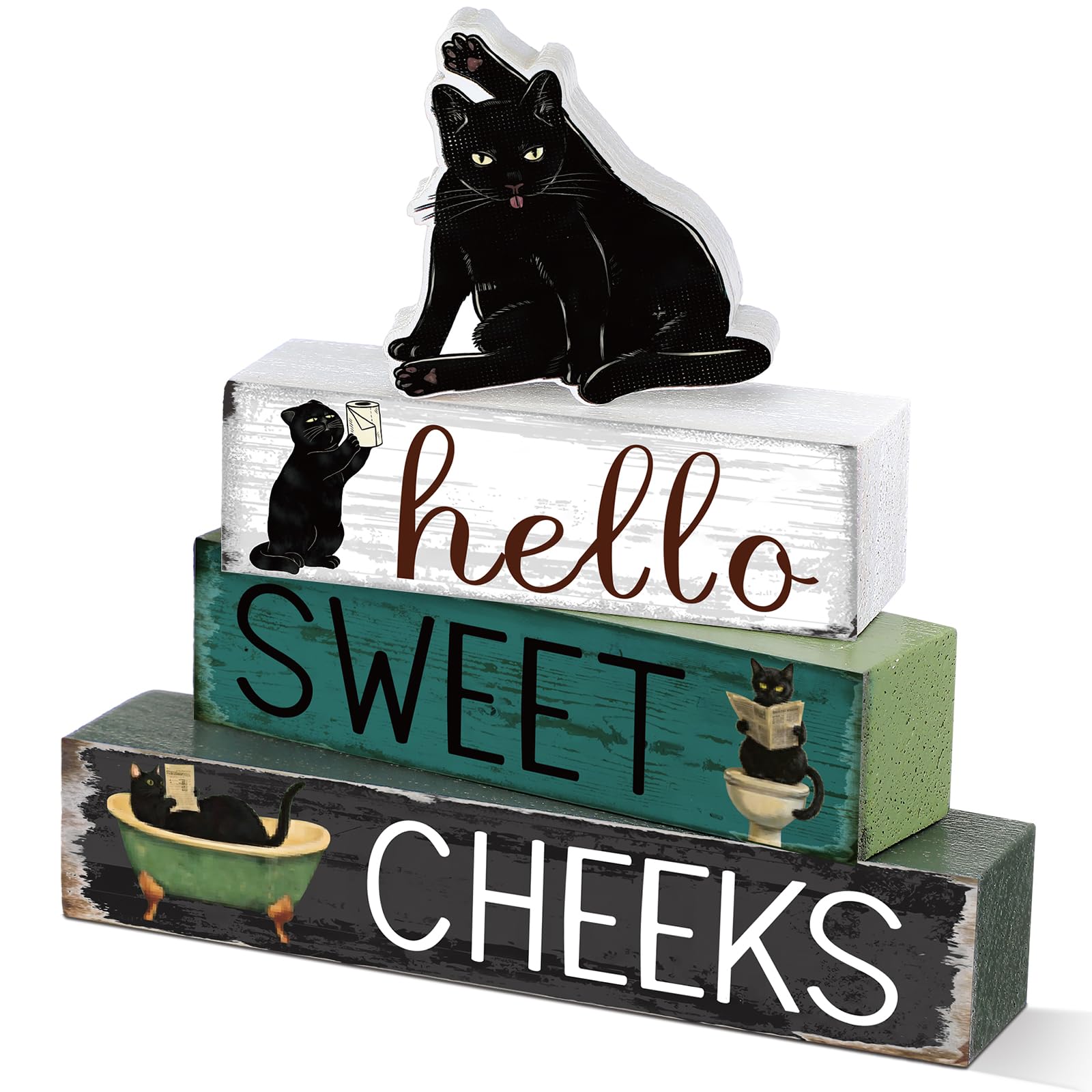 Cinnvoice 4 Pcs Black Cat Bathroom Decor Farmhouse Bathroom Decoration Hello Sweet Cheeks Table Centerpiece Gift for Christmas V