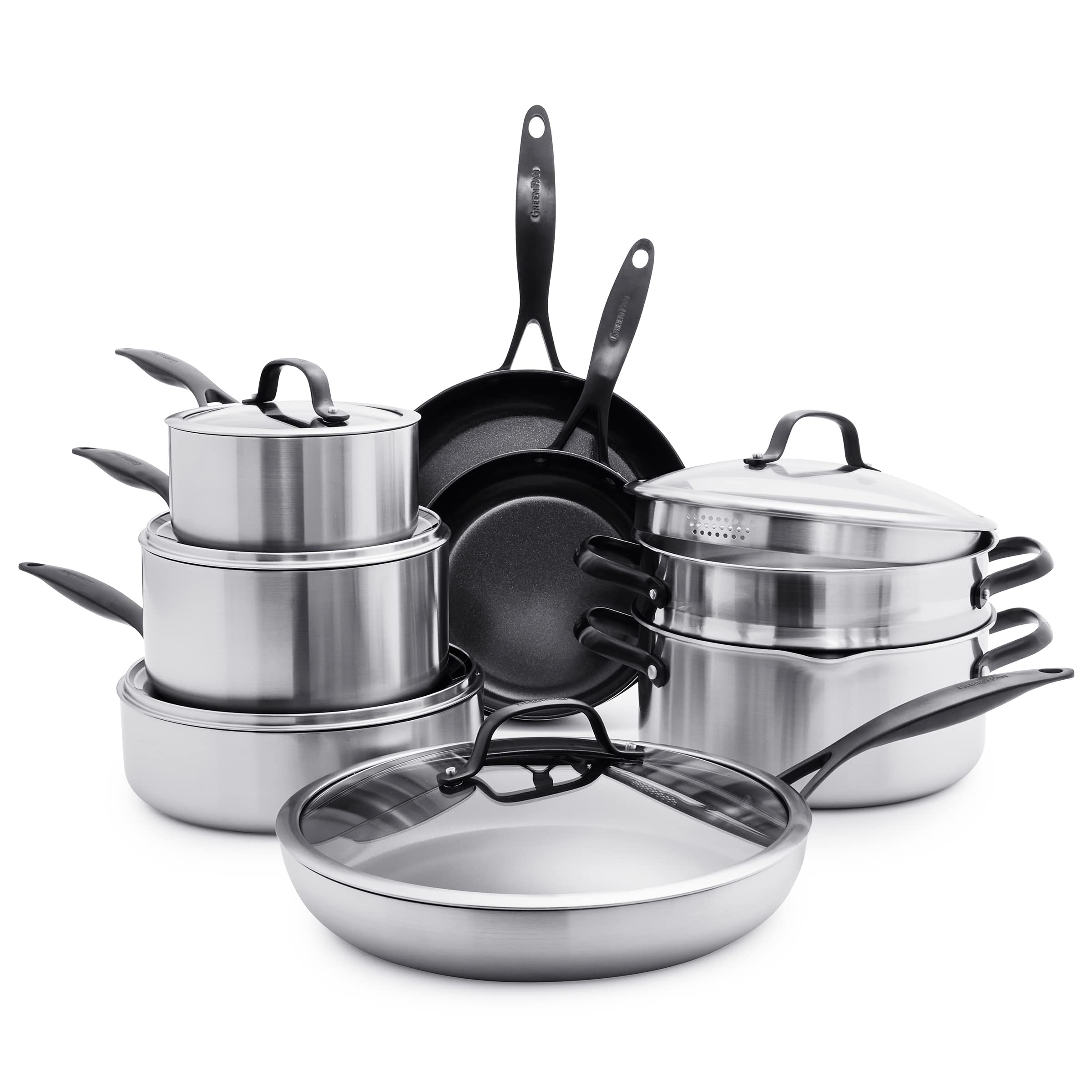 GreenPan Venice Pro Noir Tri-Ply Stainless Steel Healthy Ceramic Nonstick 13 Piece Cookware Pots and Pans Set, Matte Black Handl
