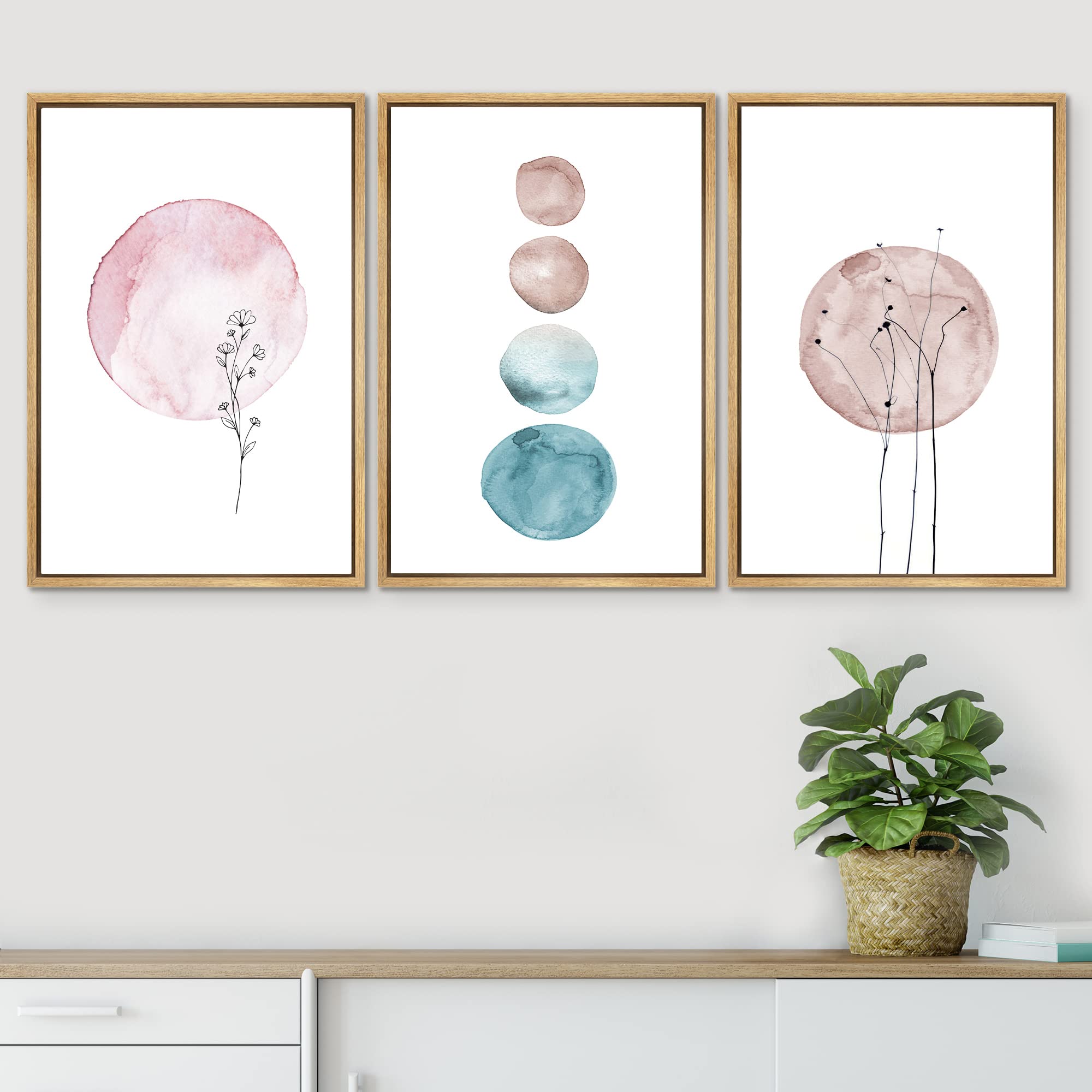 Signwin Framed Canvas Wall Art Teal, Brown And Pink Nature Moon Watercolor Modern Art Farmhouse/Country Relax/Calm Pastel For Li
