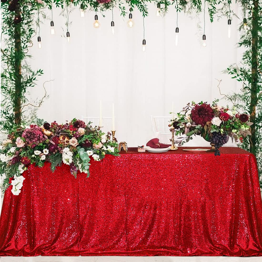 Partydelight Sequin Tablecloth, Wedding, Dinning Table, Rectangular, 90''X132'', Dark Red