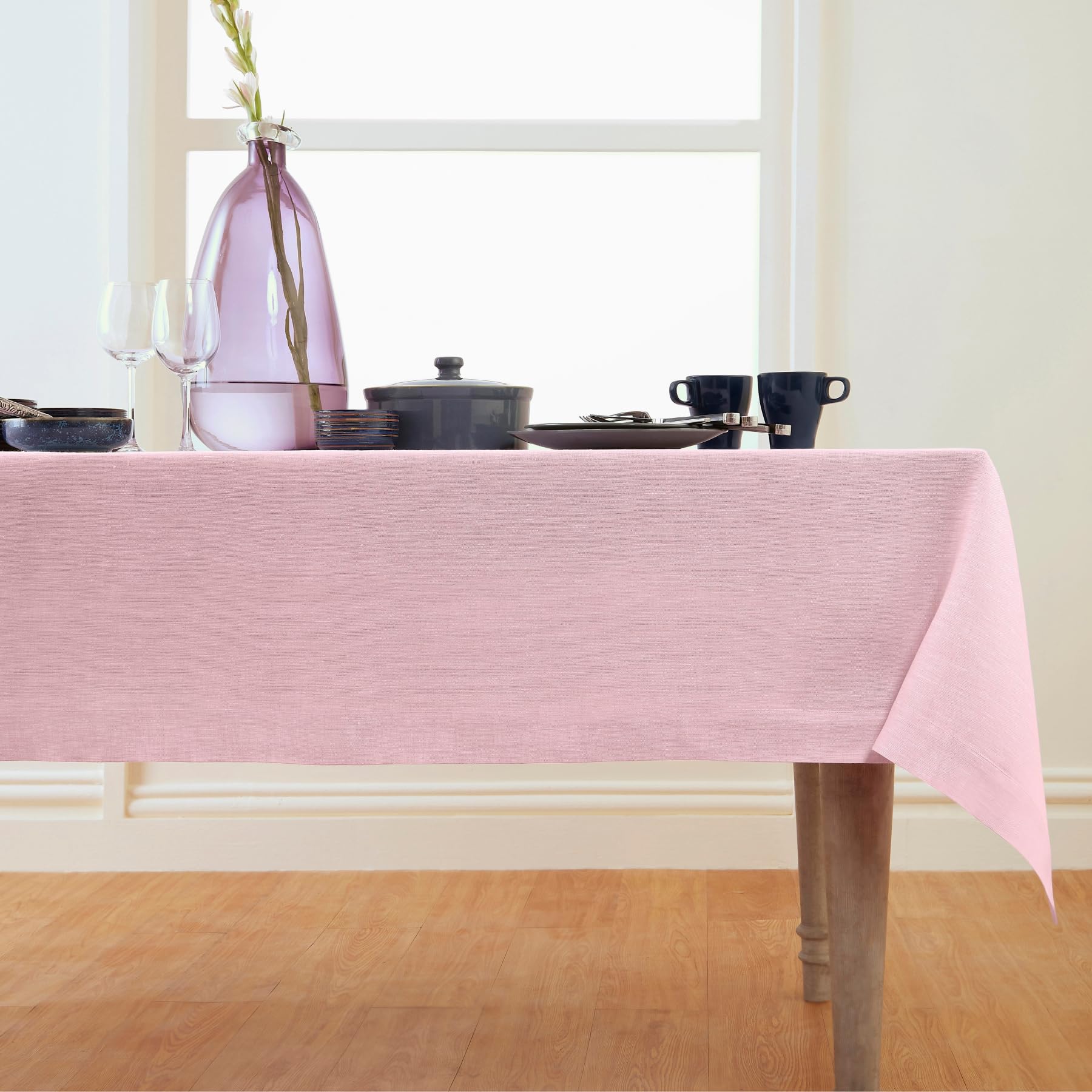 Solino Home Linen Tablecloth 120'' L X 60'' W Inch - 100% Pure Linen Bubblegum Pink Table Cloth For Rectangle Tables - Athena, M