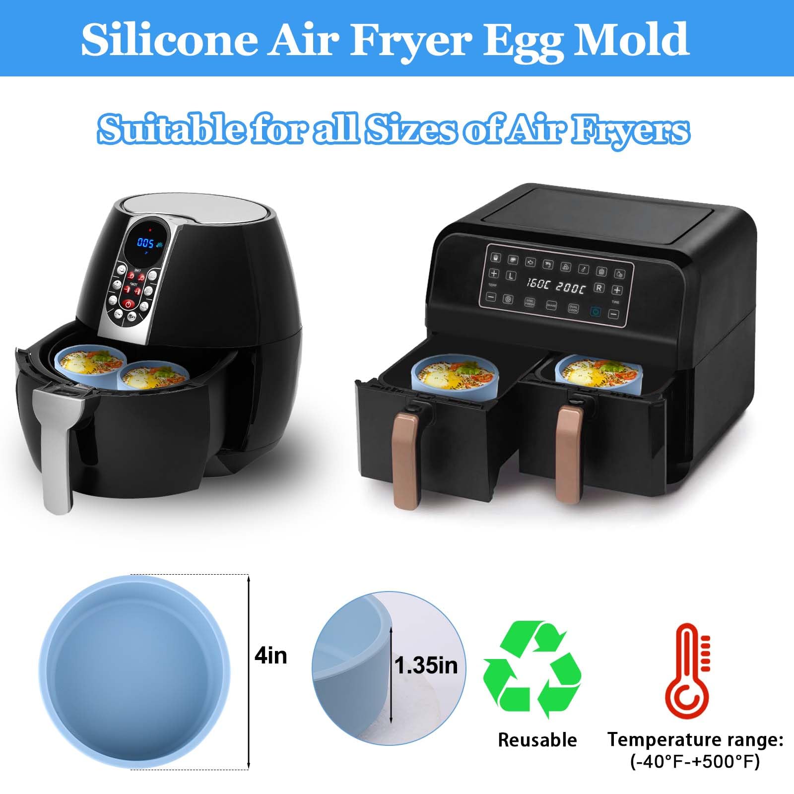 XANGNIER Silicone Air Fryer Egg Mold - 3 Pcs Nonstick BPA Free Egg Bites Pan, Dishwasher Safe, Blue