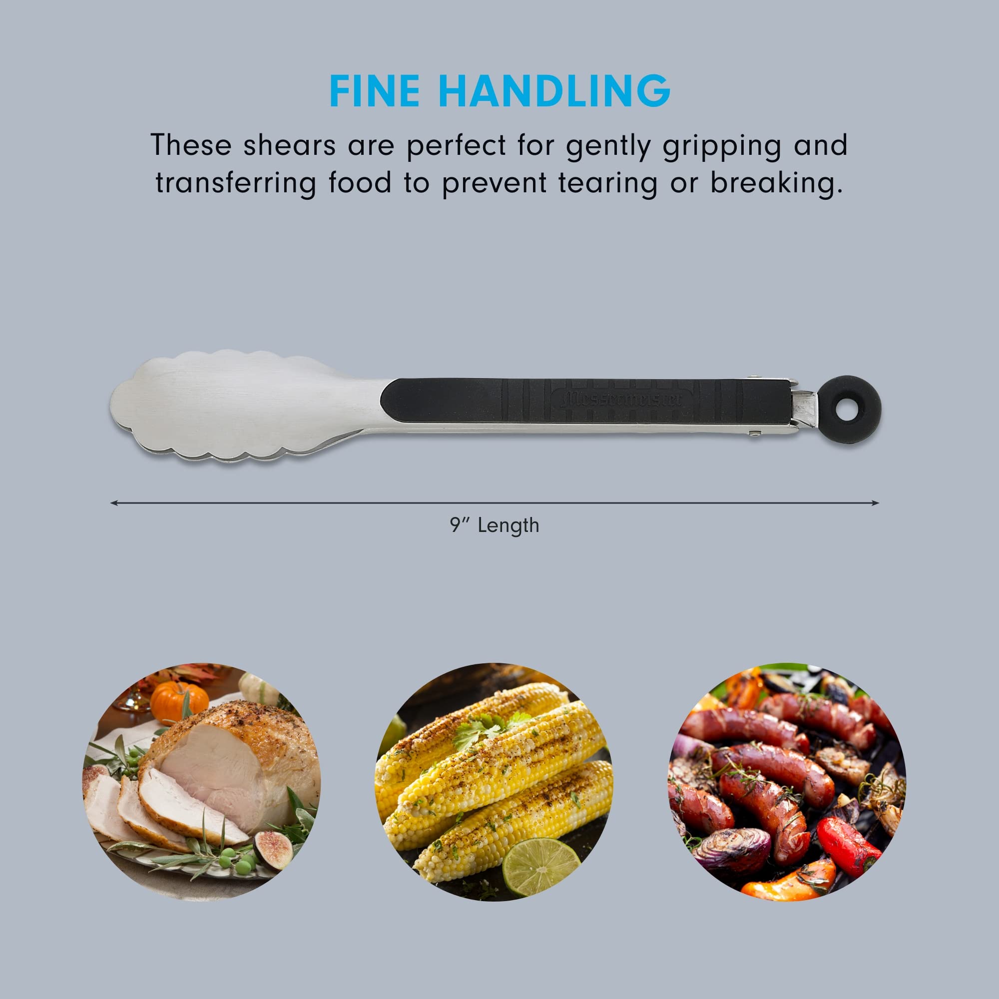 Messermeister Stainless Locking Tongs, 9    - Gently Grips Food - Durable Stainless Steel & Non-Slip, Silicone Grip - Dishwasher