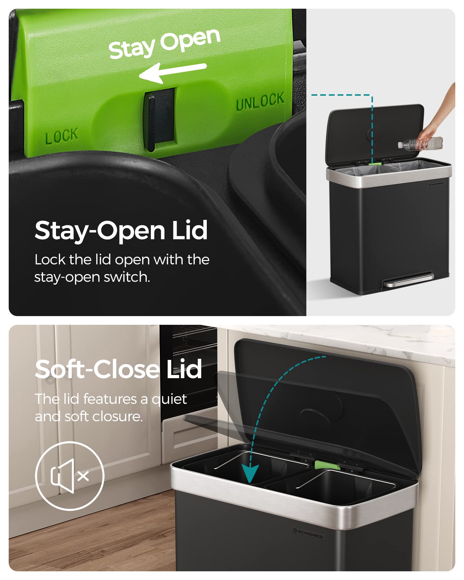 SONGMICS Kitchen Trash Can  16 Gallon (2 x 8 Gallon) Dual Compartment Garbage Can  60L Pedal Recycling Bin  Stay-Open Lid and Soft Closure  Stainless Steel  15 Trash Bags Included  Black ULTB202B01