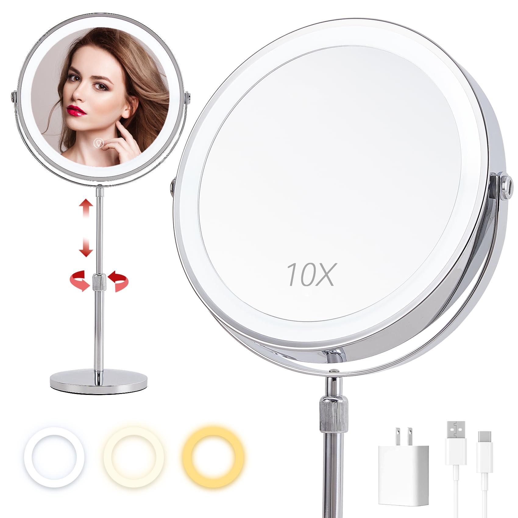 10X Lighted Makeup Mirror, Vanity Mirror With Lights,Rechargeable 9'' Height Adjustable Vanity Mirror, 1X/10X Magnifying Mirror