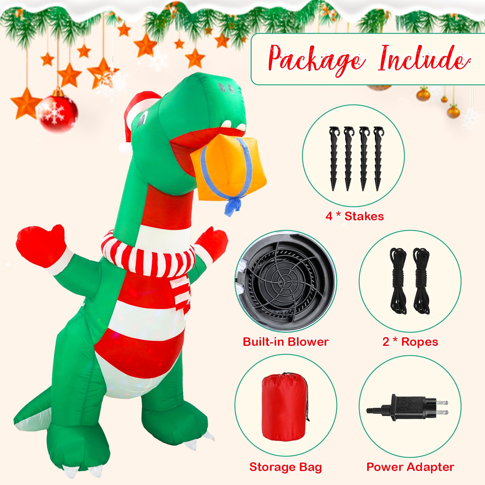 8FT Christmas Inflatables Outdoor Decorations, Blow Up Yard Dinosaur Decoration with Christmas Hat & Gift Box, Built-in LED Ligh