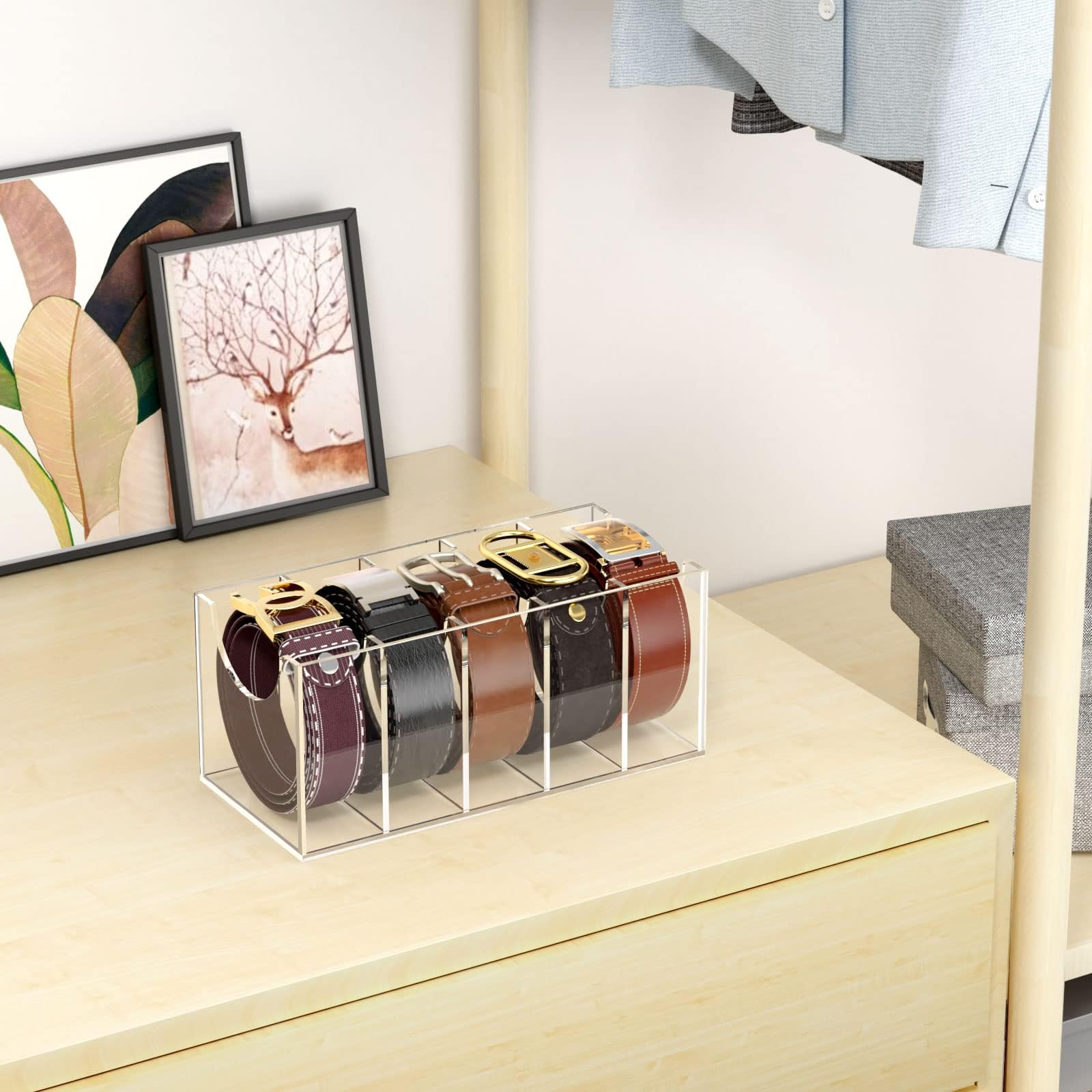 Niubee Belt Organizer, Acrylic Belt Storage Holder For The Closet, 5 Compartments Display Case For Tie And Bow Tie