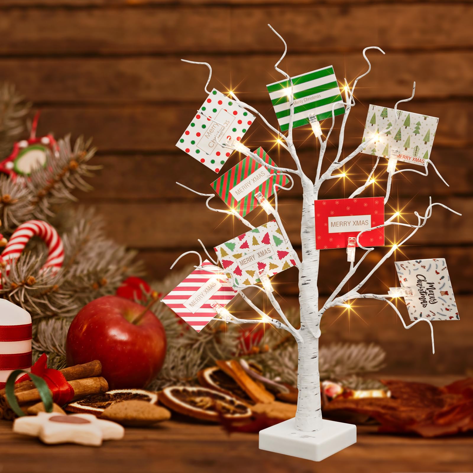 EAMBRITE Christmas Tree with Gift Cards, Money Tree Gift Holder, White Lighted Birch Tree Tabletop 2 FT 24 LED, Light Up Display