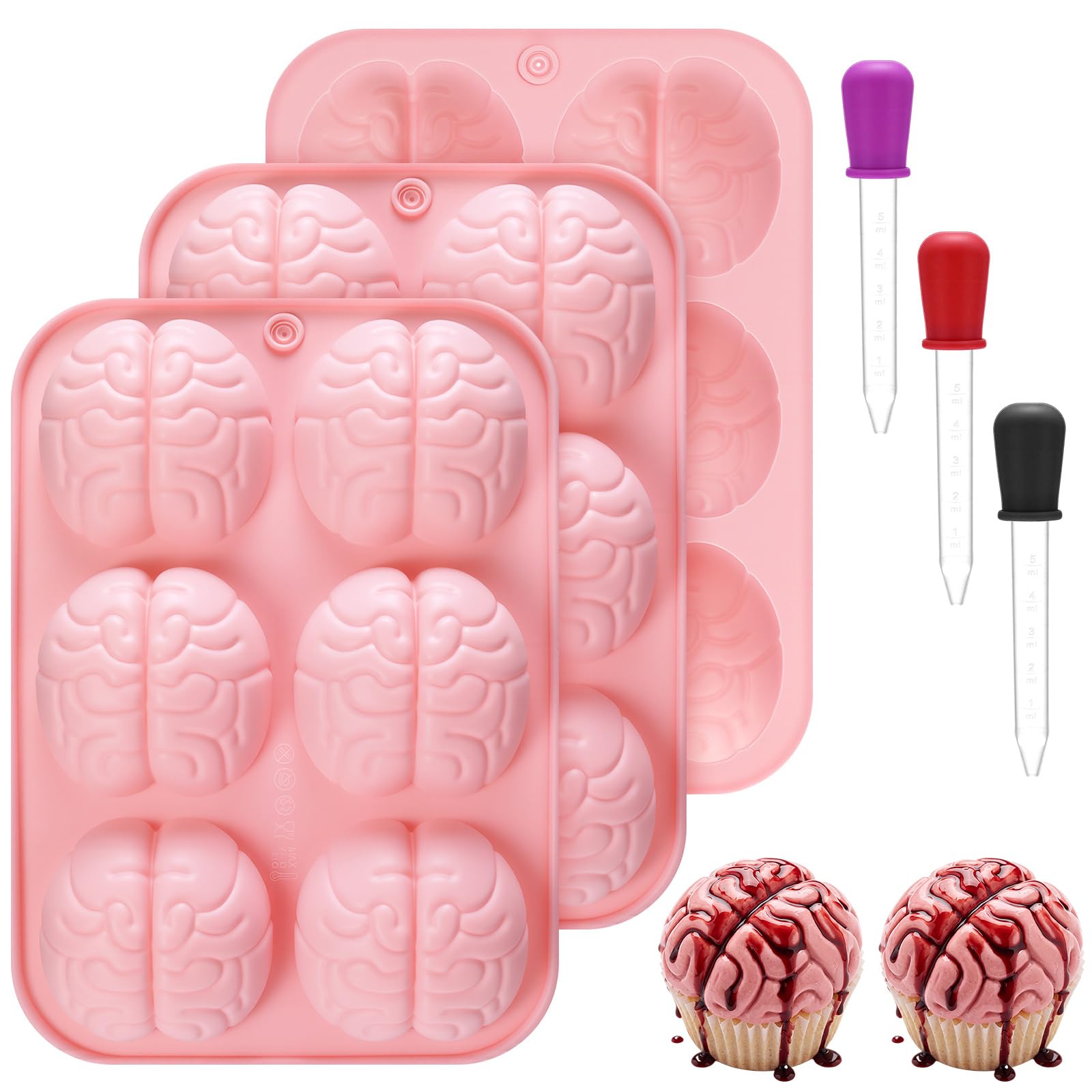 Rtteri 3 Pcs Silicone Brain Cake Molds with 3 Droppers Halloween Brain Mold