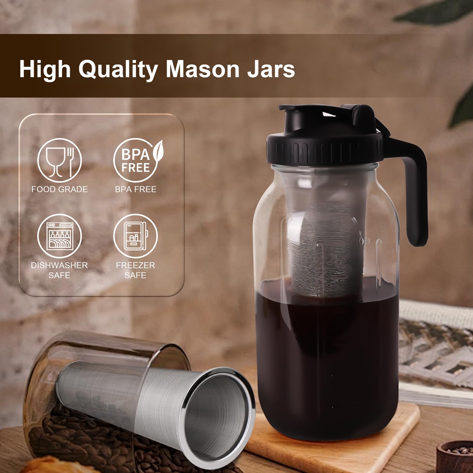 Pnhytugy Cold Brew Coffee Maker - 64 Oz Heavy Duty Glass Mason Jar Pitcher With Stainless Steel Filter, Pour Spout Handle Lid, L