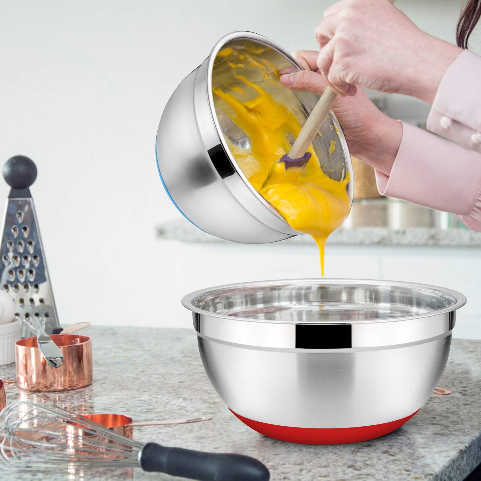 E-Far Stainless Steel Mixing Bowls Set Of 5, Size 7/3.5/2.5/1.5/1 Qt, Metal Nesting Bowls With Colorful Airtight Lids & Non-Slip