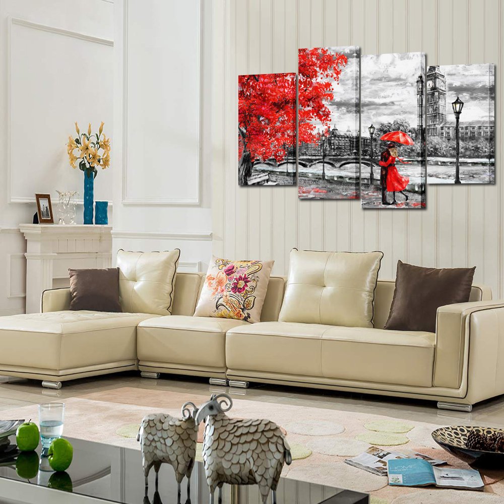 KREATIVE ARTS 4pcs Contemporary Wall Art Black White and Red Umbrella Couple in Street Big Ben Oil Painting Printed on Canvas Romantic Picture Framed Artwork Prints for Walls Decor 48x33inch