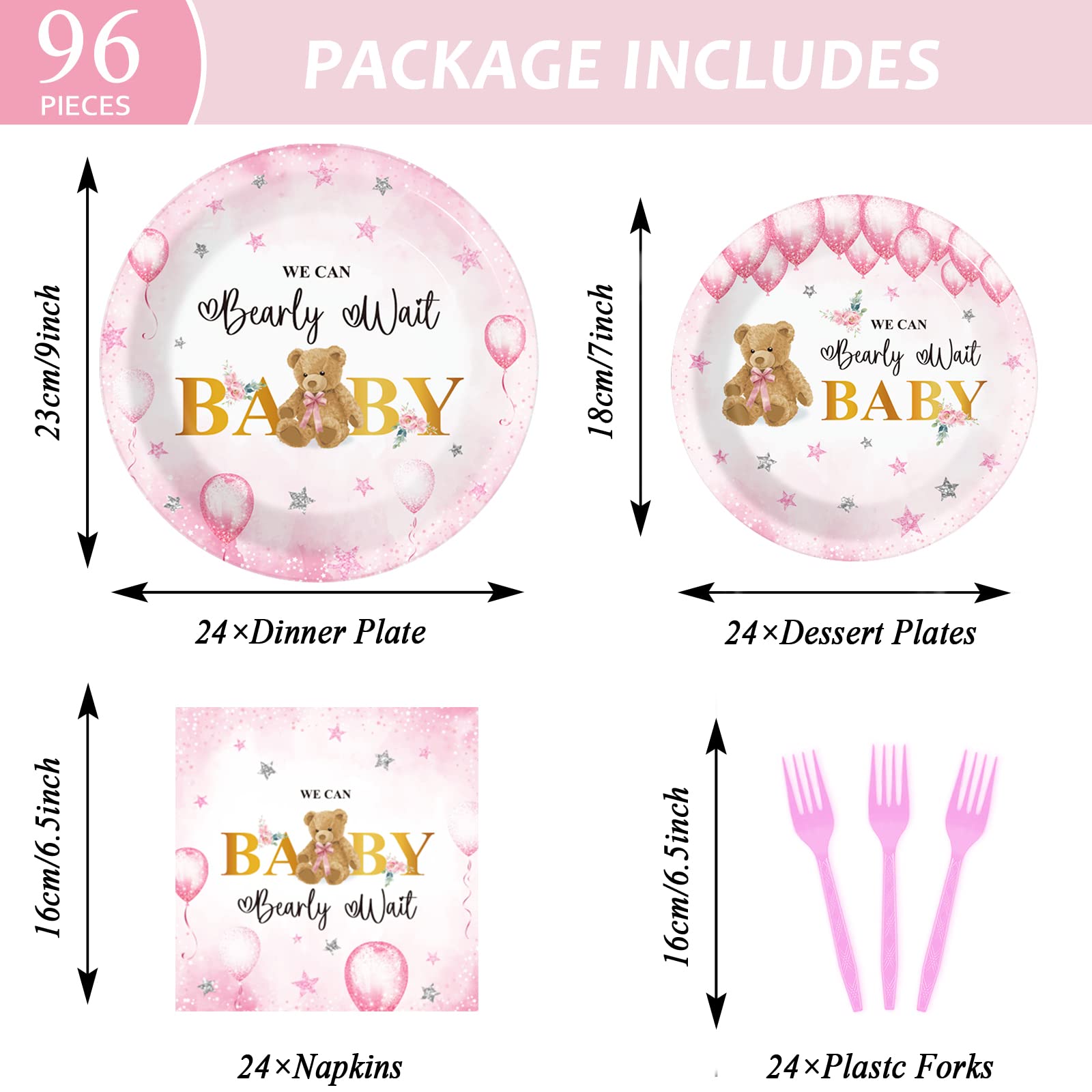 96 Pieces Bear Baby Shower Decorations Balloon Stars Tableware Set Pink We Can Bearly Wait Baby Dessert Plates Bear Flower Party