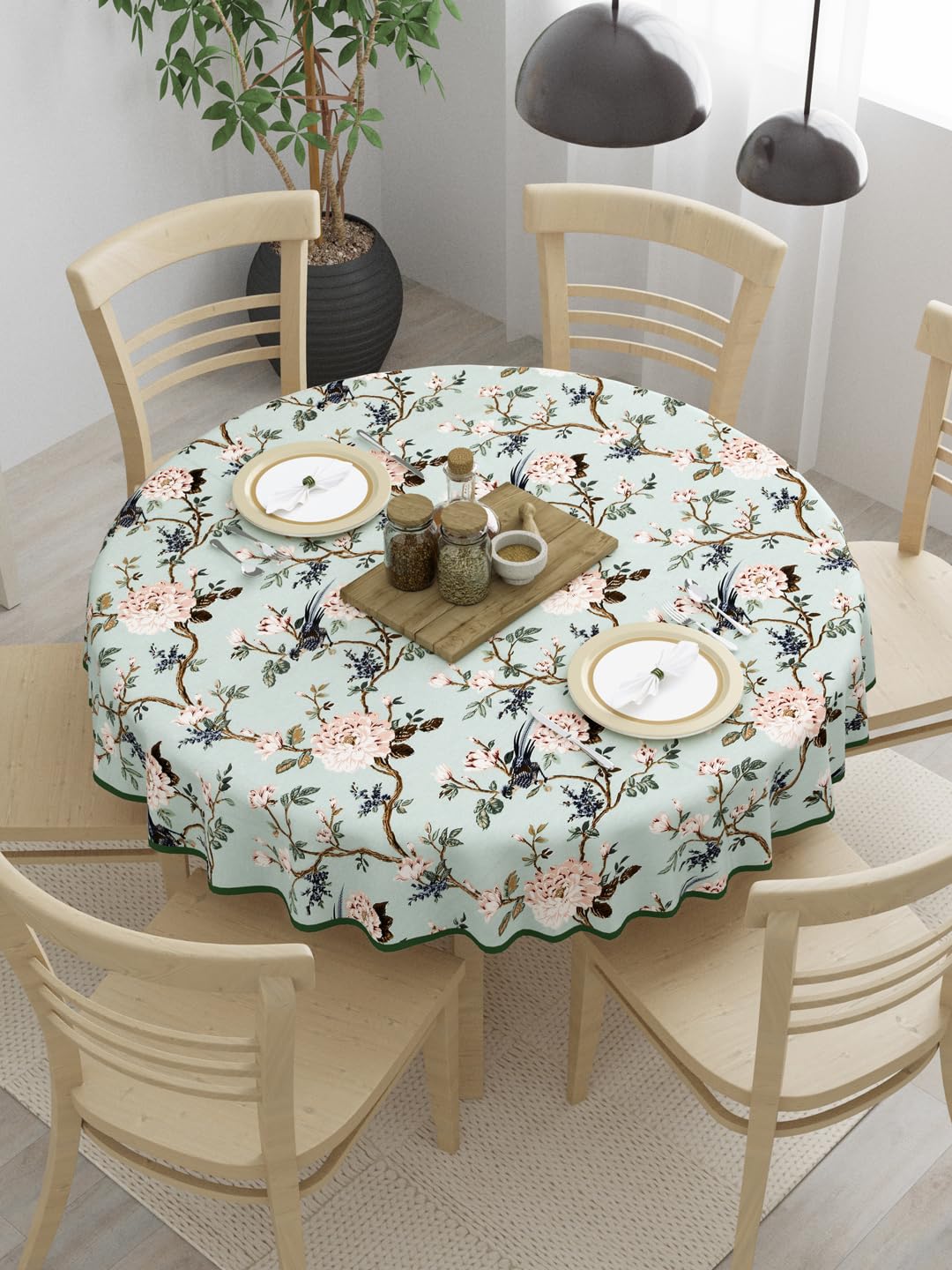 Clasiko 100% Cotton 6 Seater Round Table Cover; 72x72 Inches; Peach Flowers