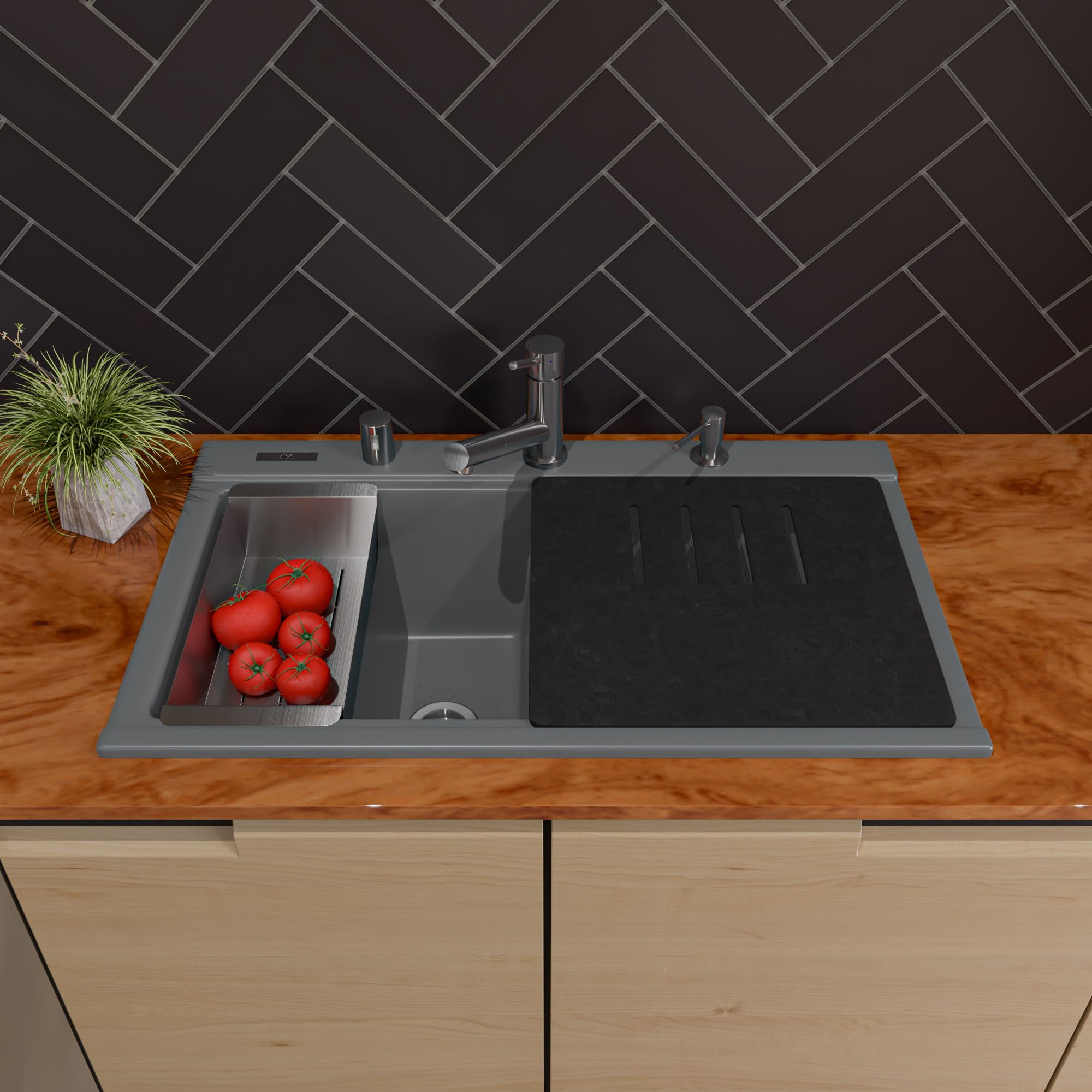 Alfi Brand Ab3418Dbdi-T Titanium 33'' Granite Composite Workstation Step Rim Double Bowl Drop In Sink With Accessories