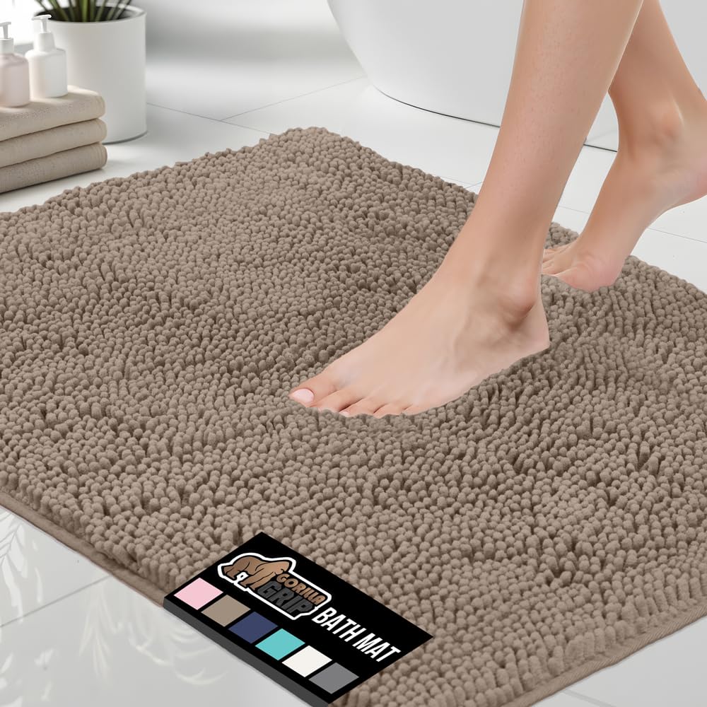 Gorilla Grip Bath Rug 60x24  Thick Soft Absorbent Chenille  Rubber Backing Quick Dry Microfiber Mats  Machine Washable Rugs for Shower Floor  Bathroom Runner Bathmat Accessories Decor  Beige