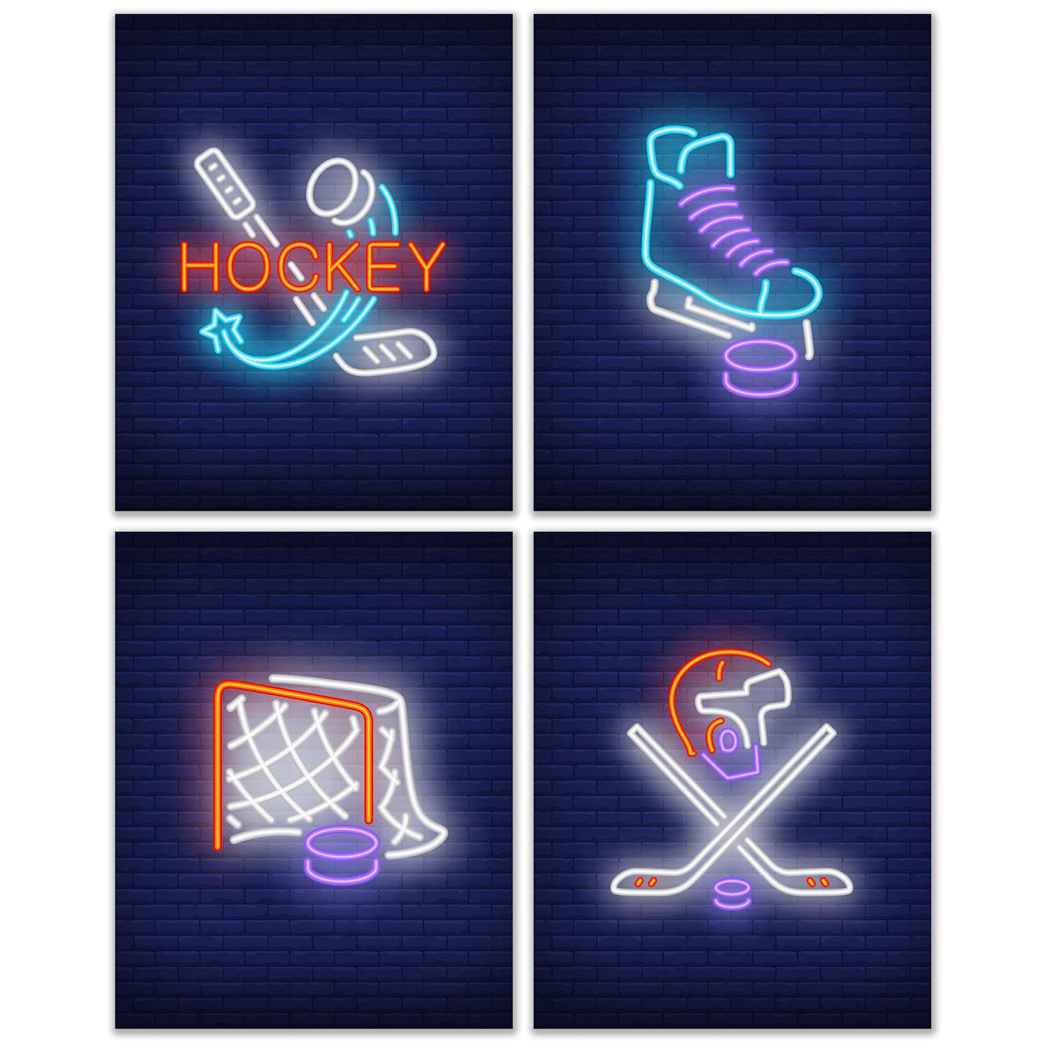 Ice Hockey Neon Wall Art Art Decor Prints - Set Of 4 (8X10) Inch Unframed Poster Photos - Kids Boys Girls Bedroom Basement Pictu