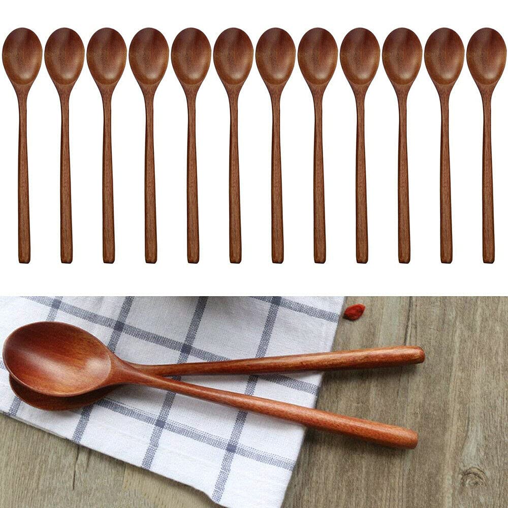 Teamwill Wooden Spoons, 12 Pieces 9 Inch Wood Soup Spoons For Eating Mixing Stirring, Long Handle Spoon With Japanese Style Kitc