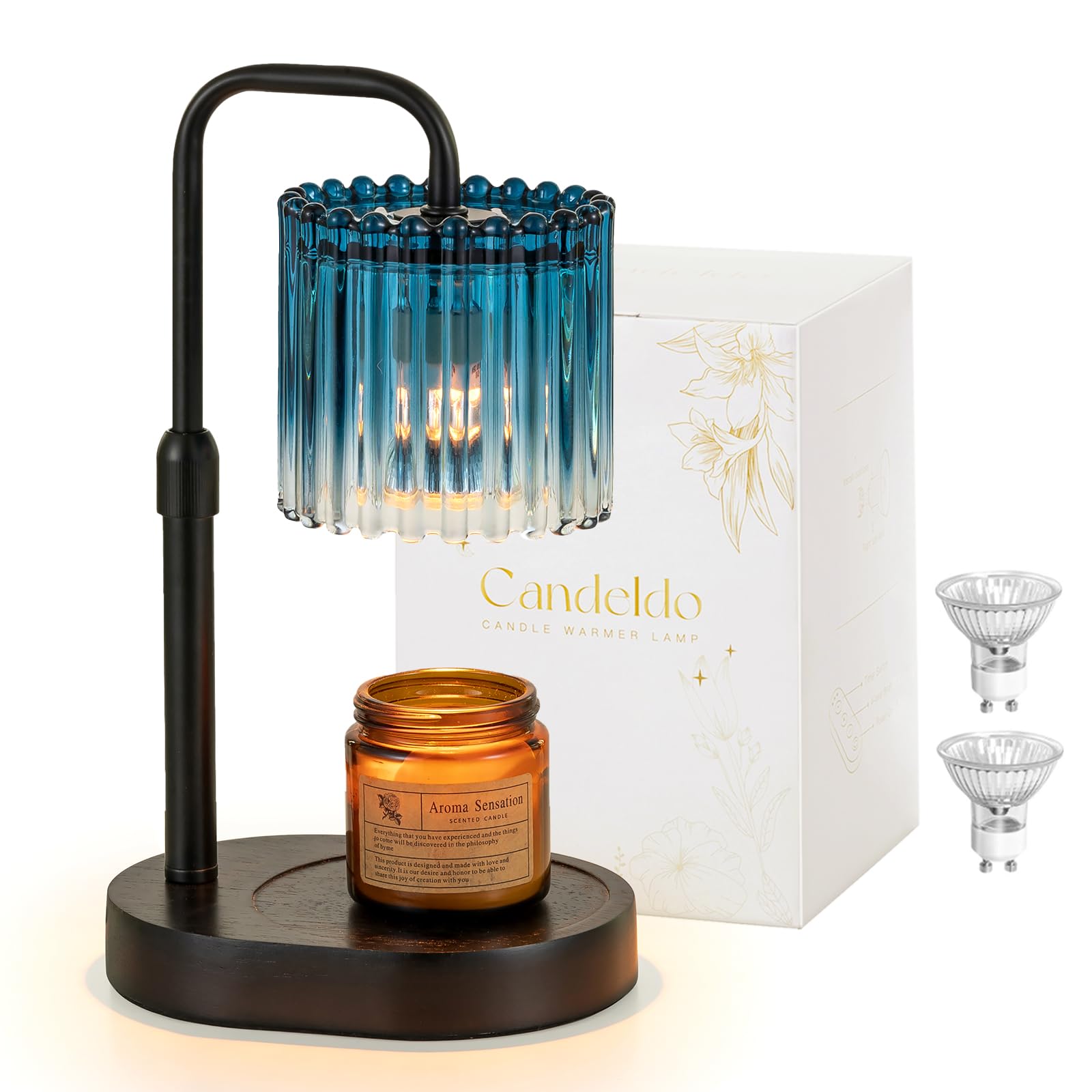 Candeldo Candle Warmer Lamp with Timer: Navy Blue Candle Warming Lamp with 2 Bulbs Height Adjustable Wax Melt Dimmable Bedroom D