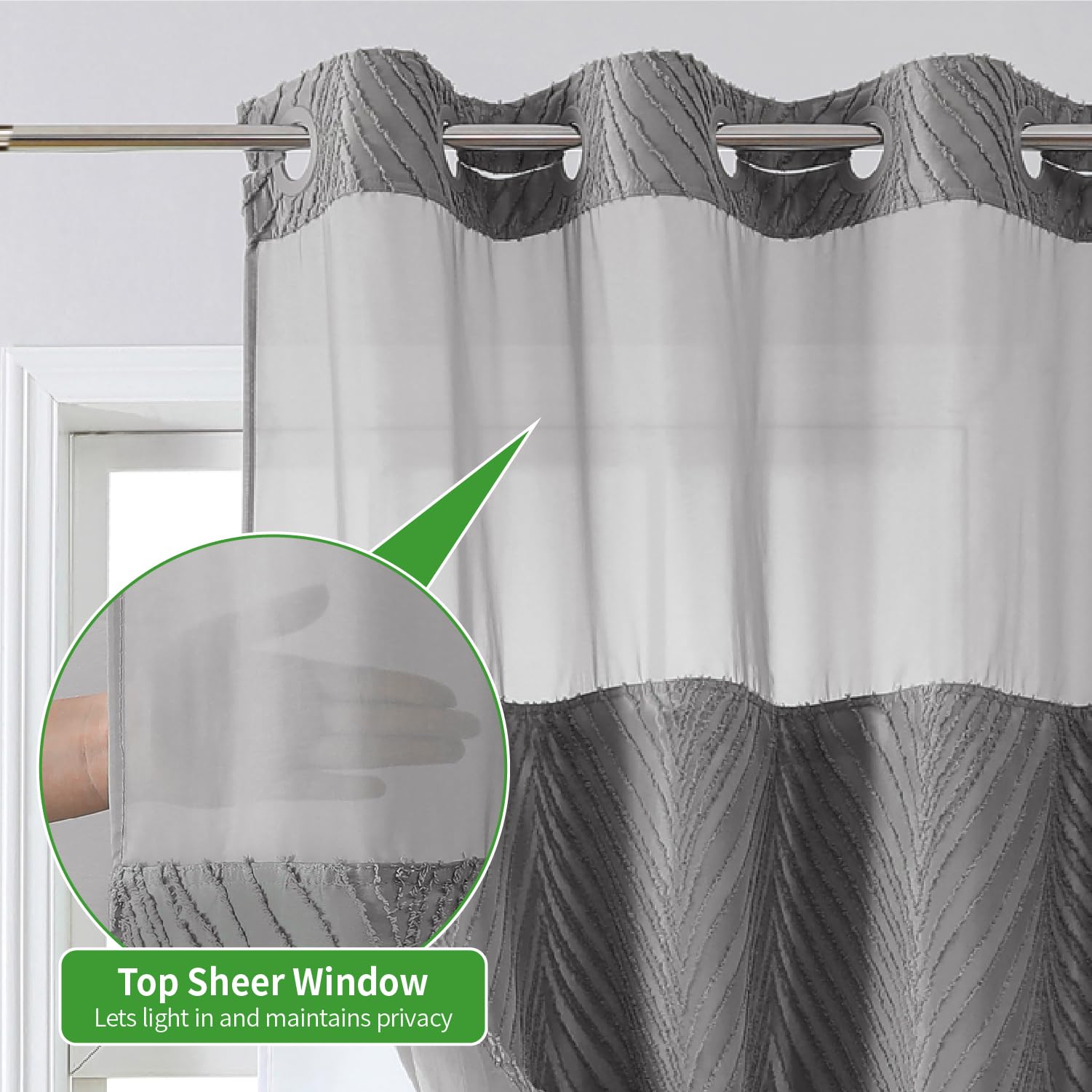 Eachope No Hook Shower Curtain And Liner Set,Boho Style With See Through Top Window, Grey Fabric Tufted Striped Textured Outer C