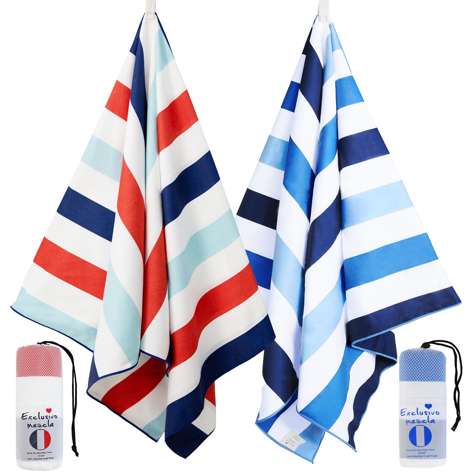 Exclusivo Mezcla 2 Pack Oversized Microfiber Quick Dry Beach Towels, Lightweight Sand-Free Cabana Stripe Pool Travel Camping Tow