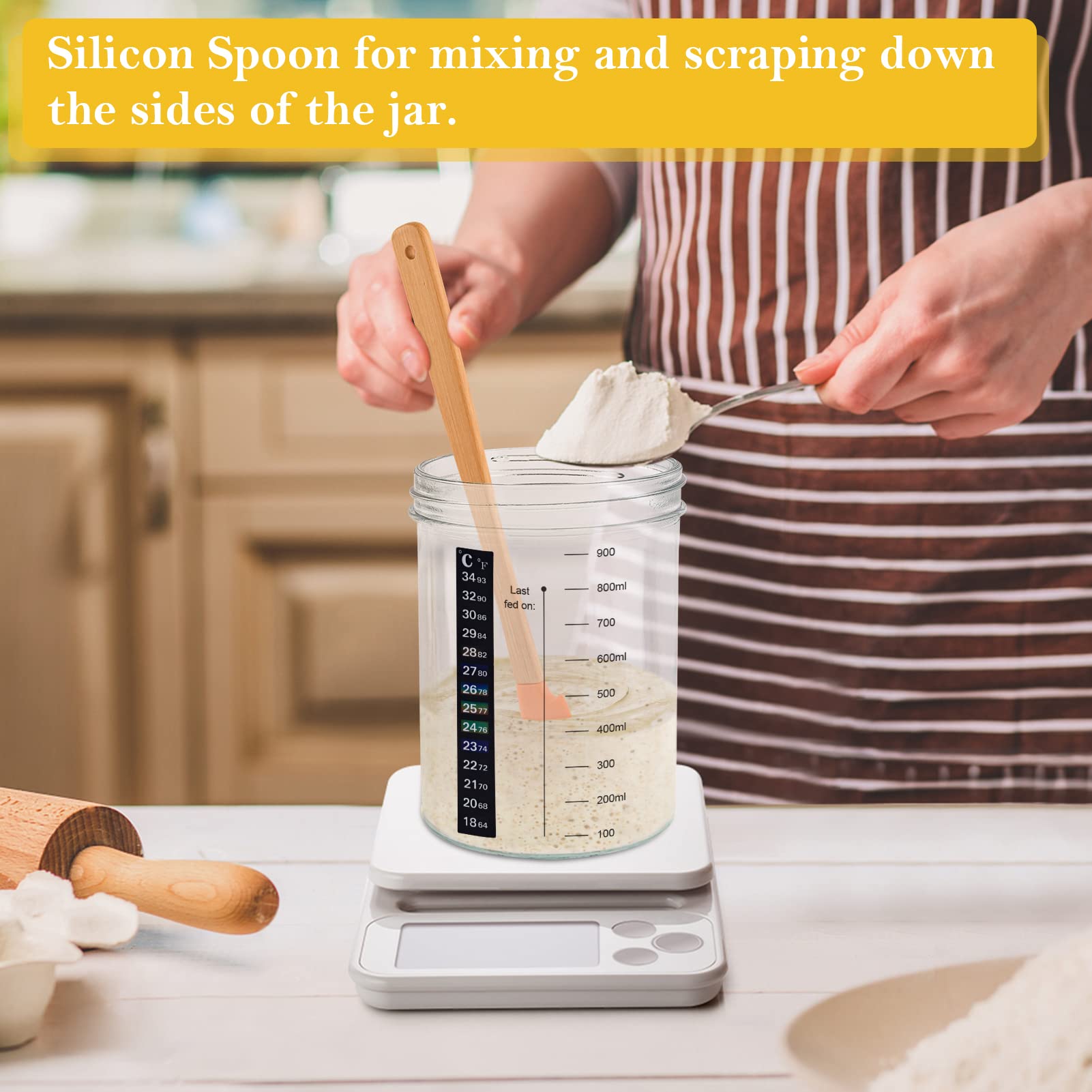 Tyniaide Sourdough Starter Jar Kit, 35 Oz Sourdough Starter Jar With Thermometer, Silicone Scraper, Cloth Cover And Lid. Reusabl