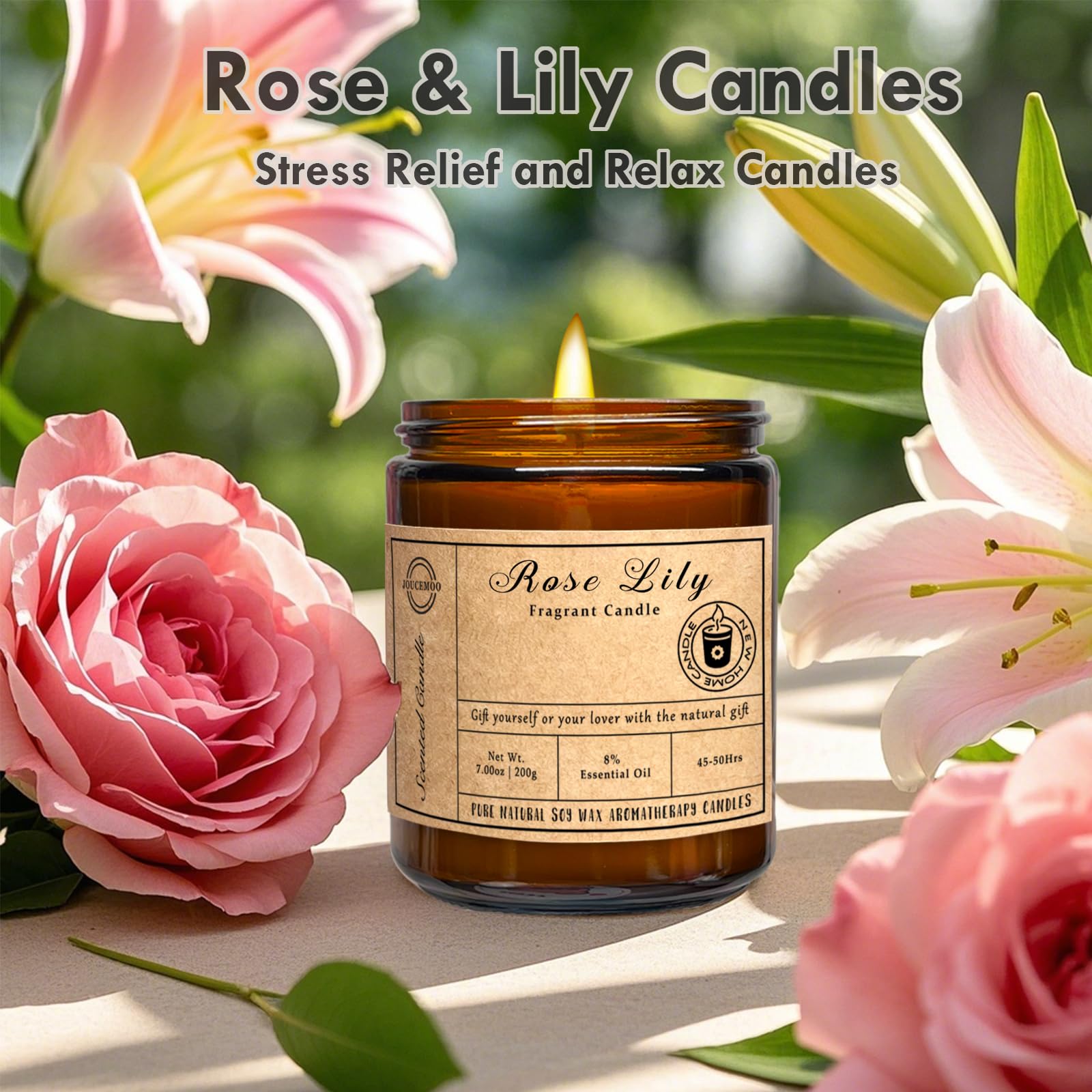 Scented Candles, 7oz Rose Lily Candles for Home Scented, Soy Wax Aromatherapy Candle for Relaxing and Stress Relief, Non Toxic,