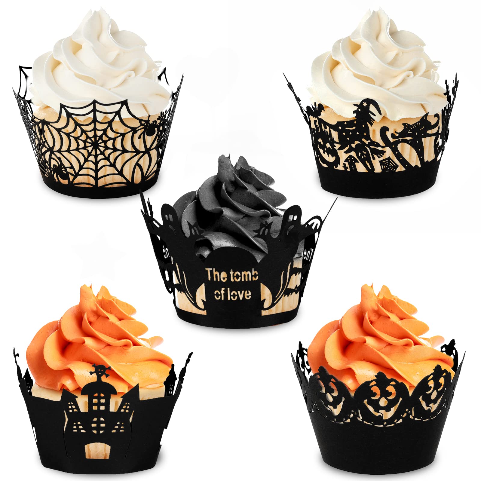 Whaline 100 Pcs Halloween Cupcake Wrappers, Artistic Bake Paper Cups Black Laser Cut Cupcake Liners Cake Decoration For Hallowee