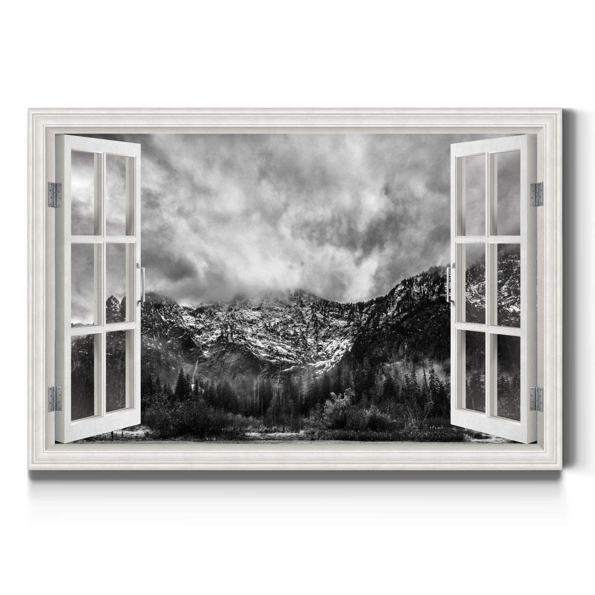 Renditions Gallery Nature Canvas Wall Art Paintings Window View Prints Cloudy Snow Capped Mountains Black & White Modern Decorat