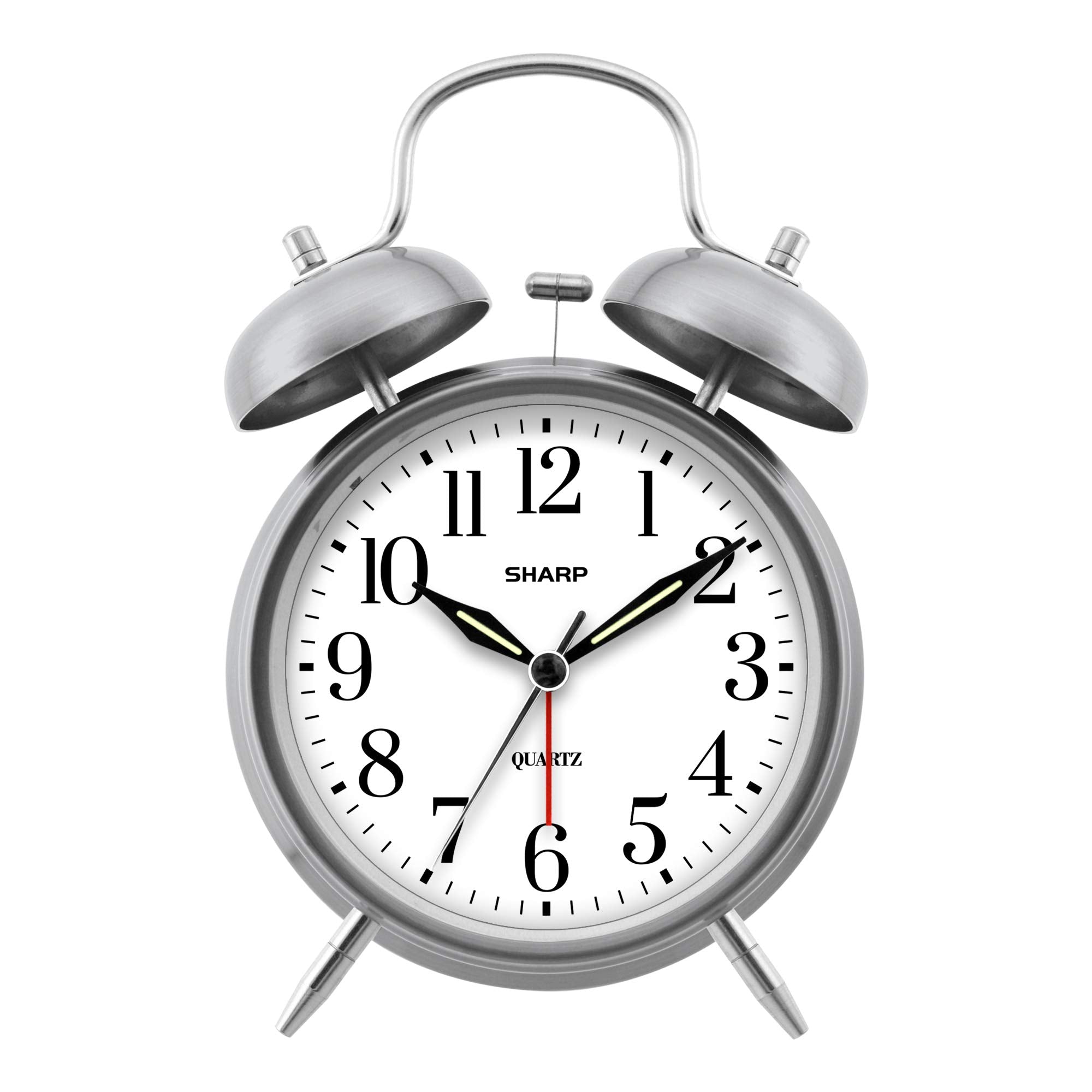 Sharp Twin Bell Alarm Clock - Loud Alarm - Great for Heavy Sleepers - Battery Operated Quartz Analog Clock (Brushed Silver)