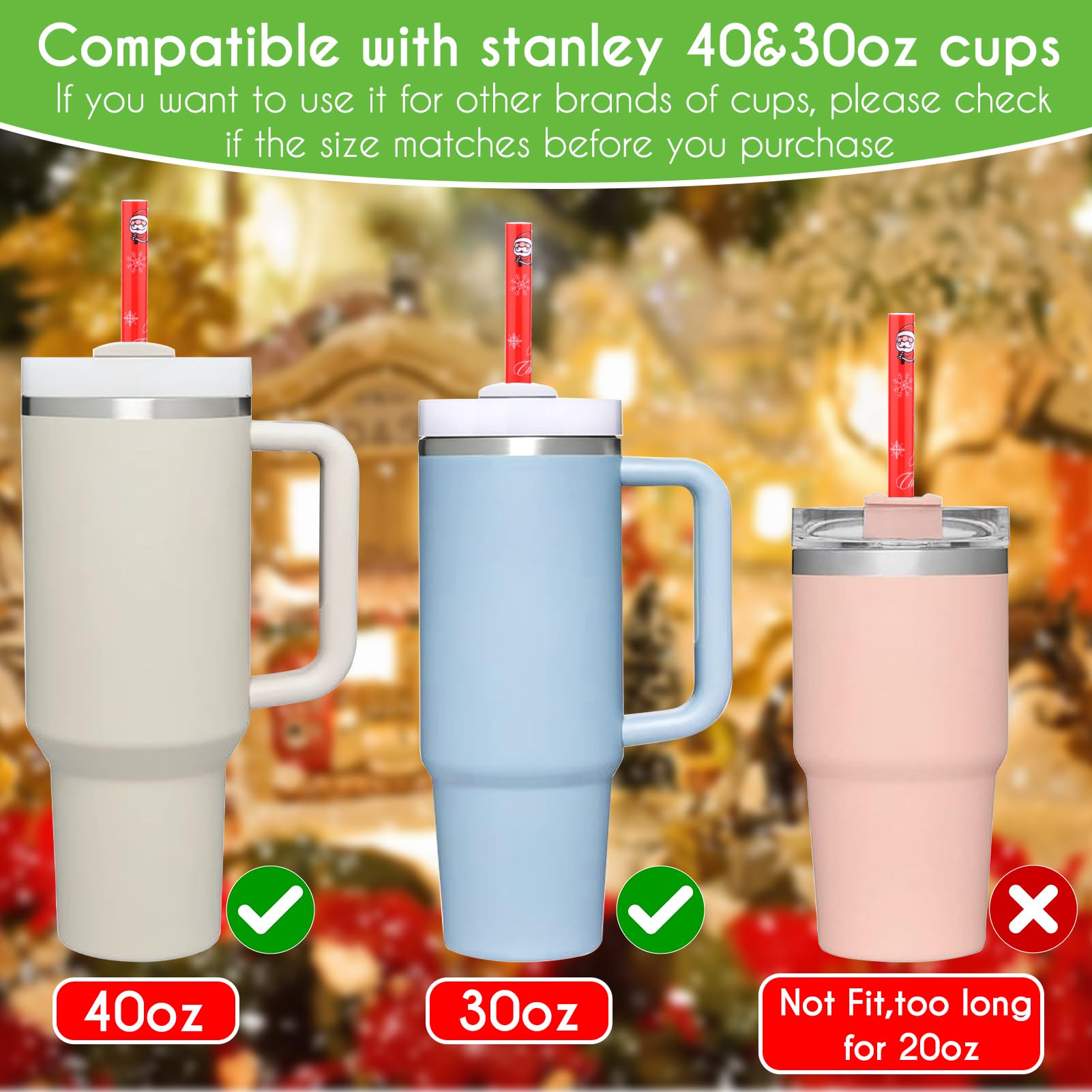 Aiersa 6 Pack Christmas Straw Replacement For Stanley 30&40Oz,Plastic Reusable Straw For Stanley Tumbler,Long Straws With Cleani