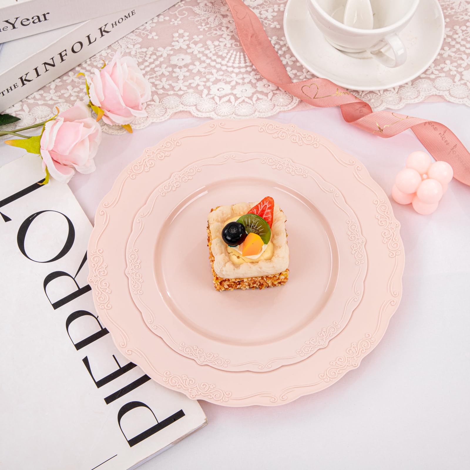 U-Qe 100Pcs Mauve Pink Plastic Plates For Party - Plastic Party Plates Disposable Heavy Duty - Pink Valentines Plates For Valent