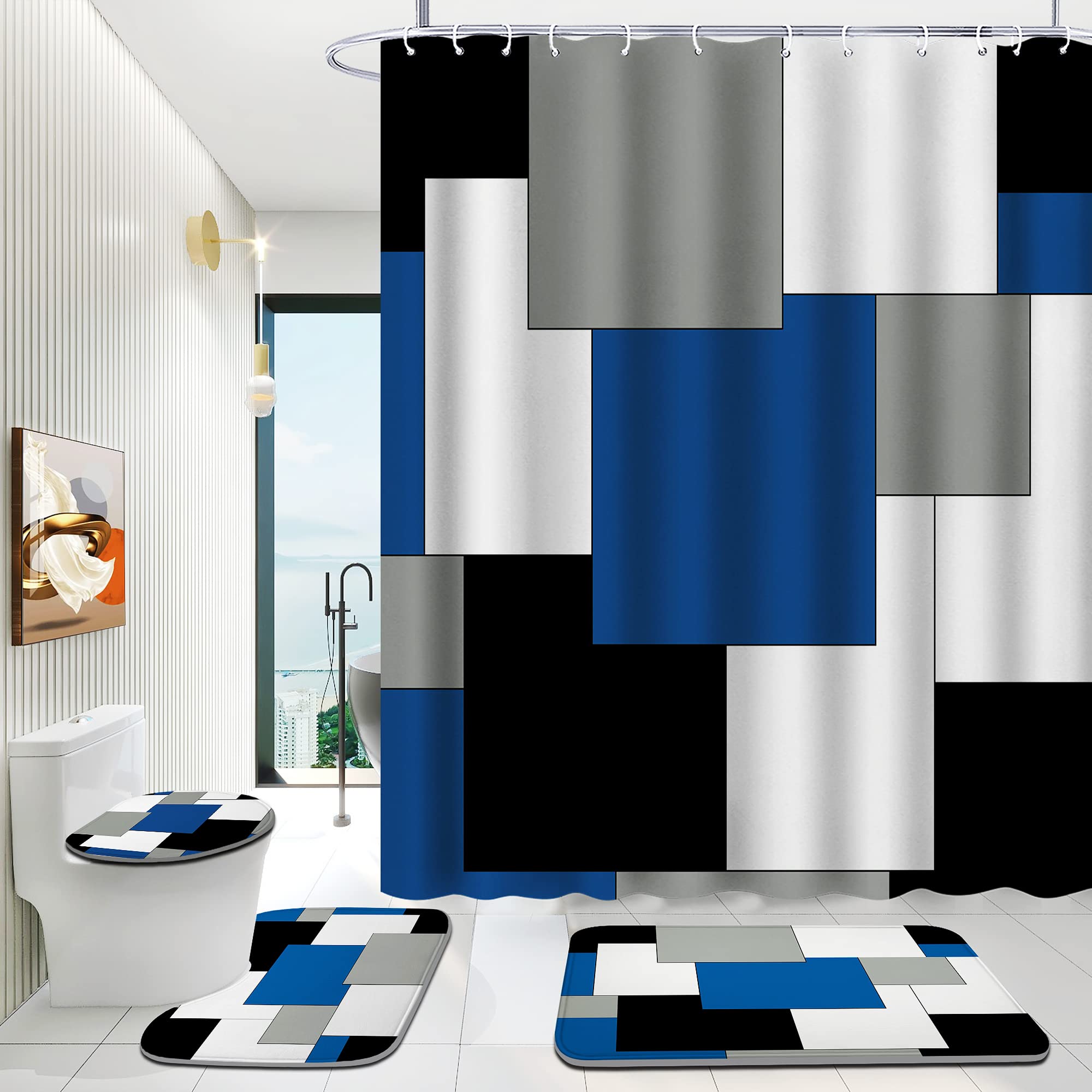 Enyorsel Blue Bathroom Sets With Shower Curtain And Rugs, 4 Piece Geometric Bathroom Shower Curtain Set With Rugs, Incl Shower C