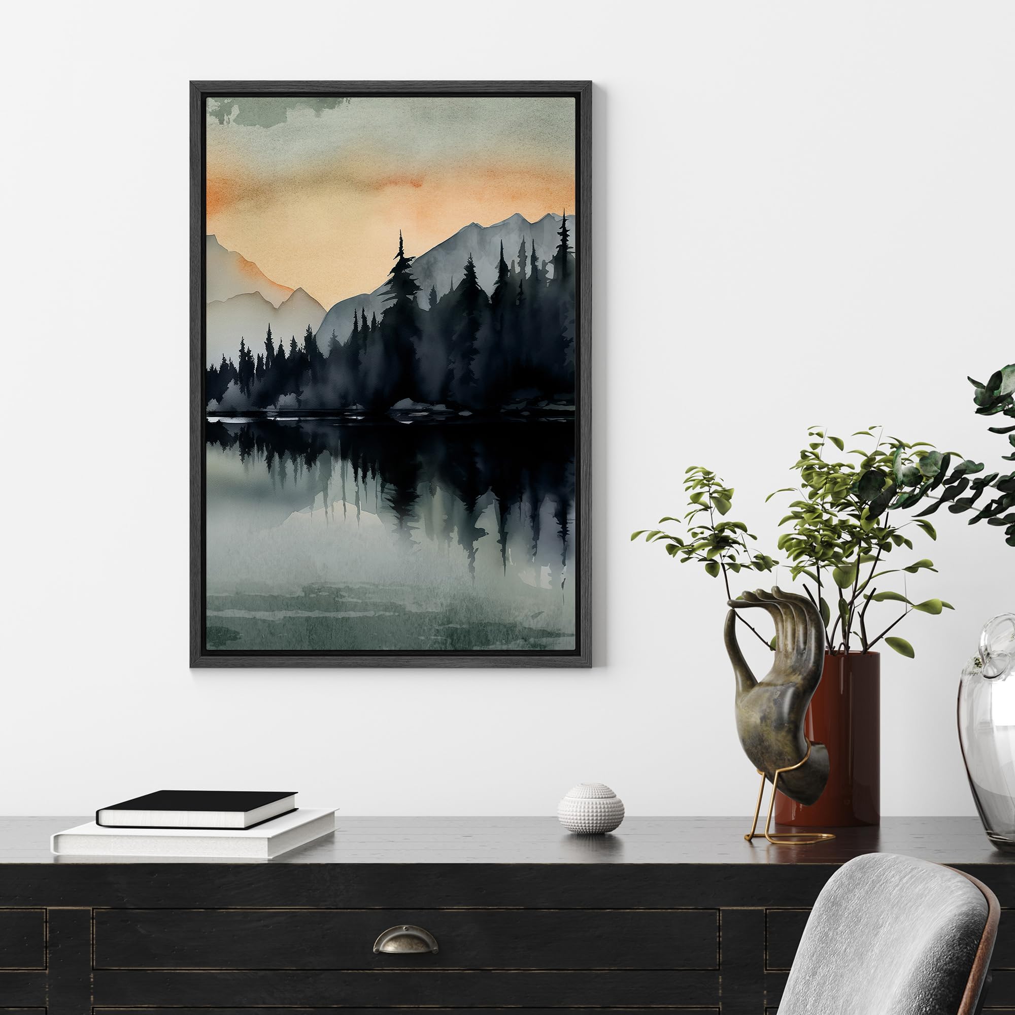 Signford Framed Canvas Print Wall Art Waters And Forest Silhouette Nature Wilderness Illustrations Modern Art Decorative Rustic